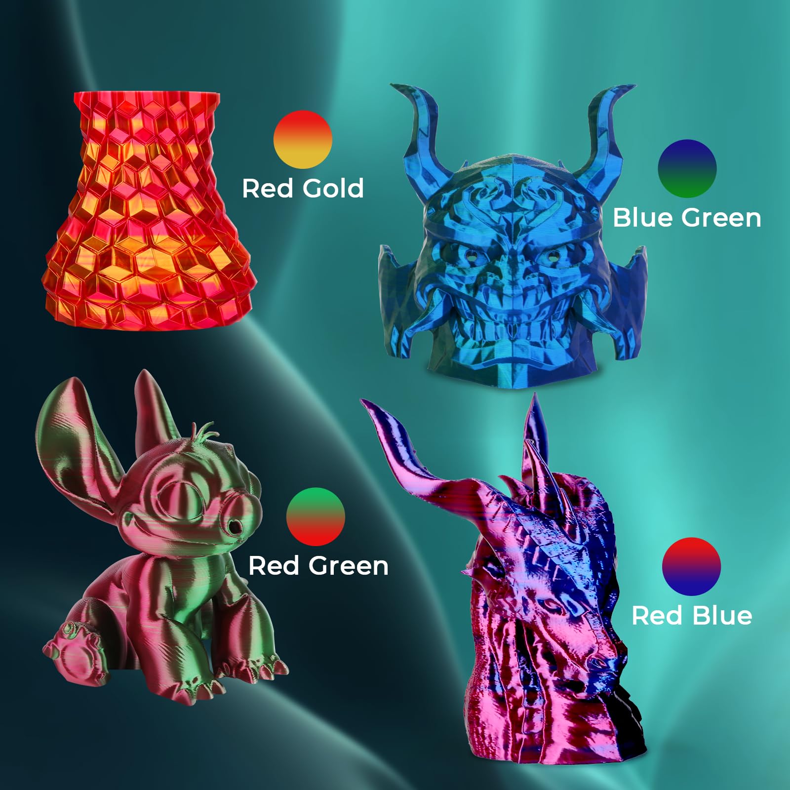 Amolen Silk Pla 3D Printer Filament Bundle, Shiny Dual Color Pla Filament 1.75Mm Pack, Multi Color Change Pla 3D Printing Filame