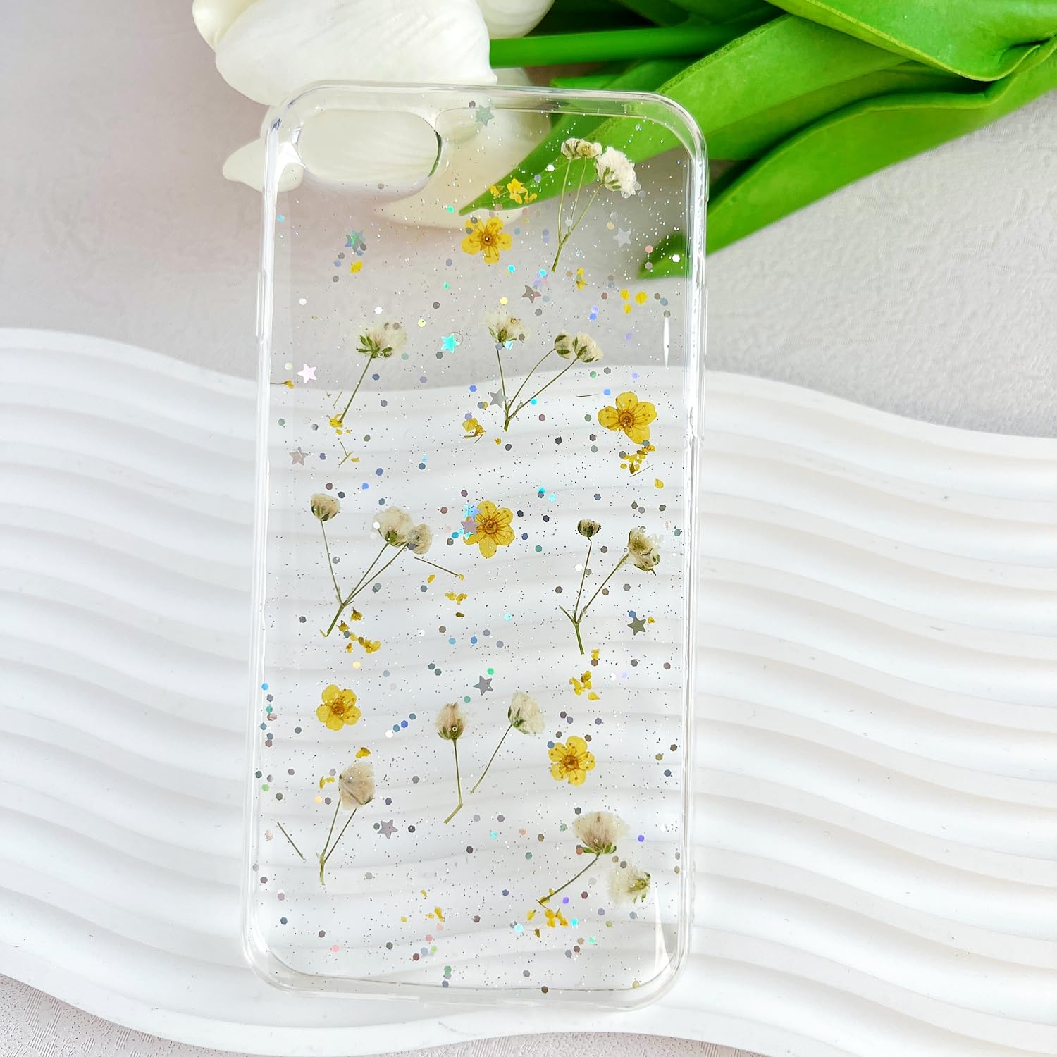 Lseeka For Iphone Se 2022/ Se 2020/8/7 Clear Case With Pressed Real Flowers Design,Glitter Cute Yellow Floral Pattern Slim Soft