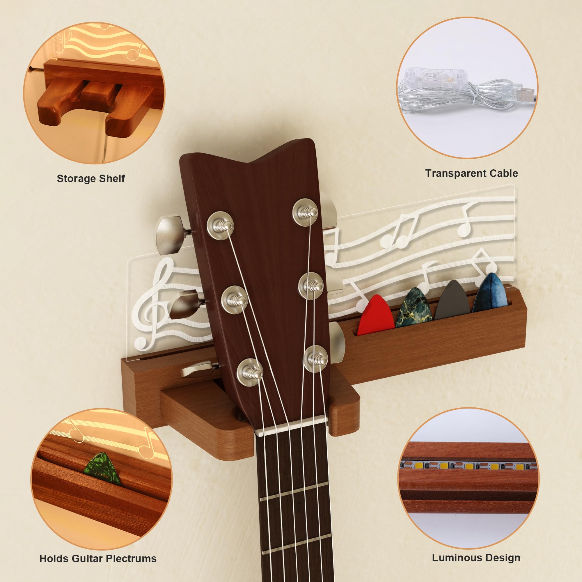 Coolgift Mart Light Up Guitar Stand Wall Mount, Solid Wood Guitar Hanger Shelf With Pick Holder, For Acoustic Electric Bass Ukul