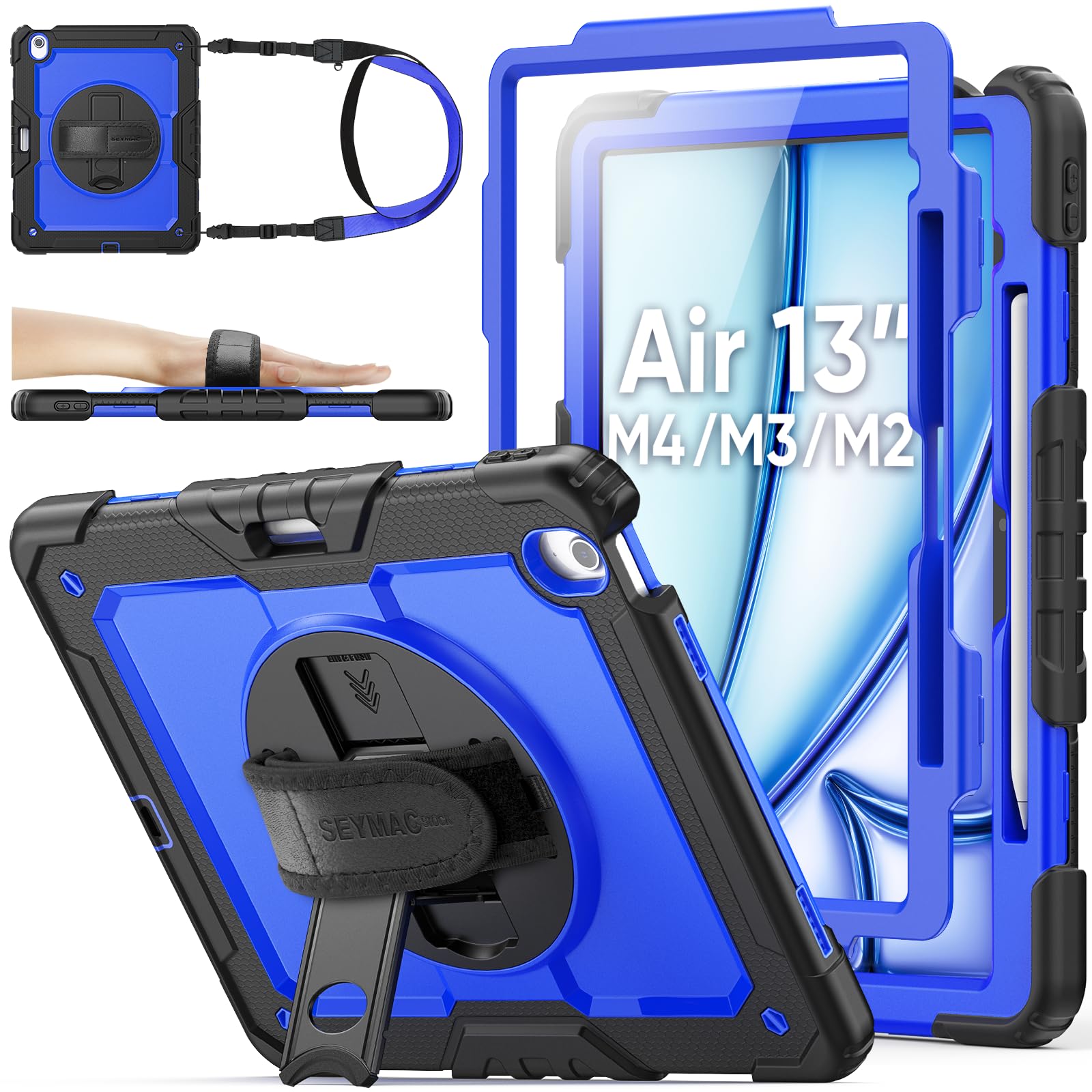 SEYMAC stock Case for iPad Air 13-inch M4-M2 2026-2024 (Gen 8-6), Shockproof Heavy Duty Case with Screen Protector, Pencil Holde