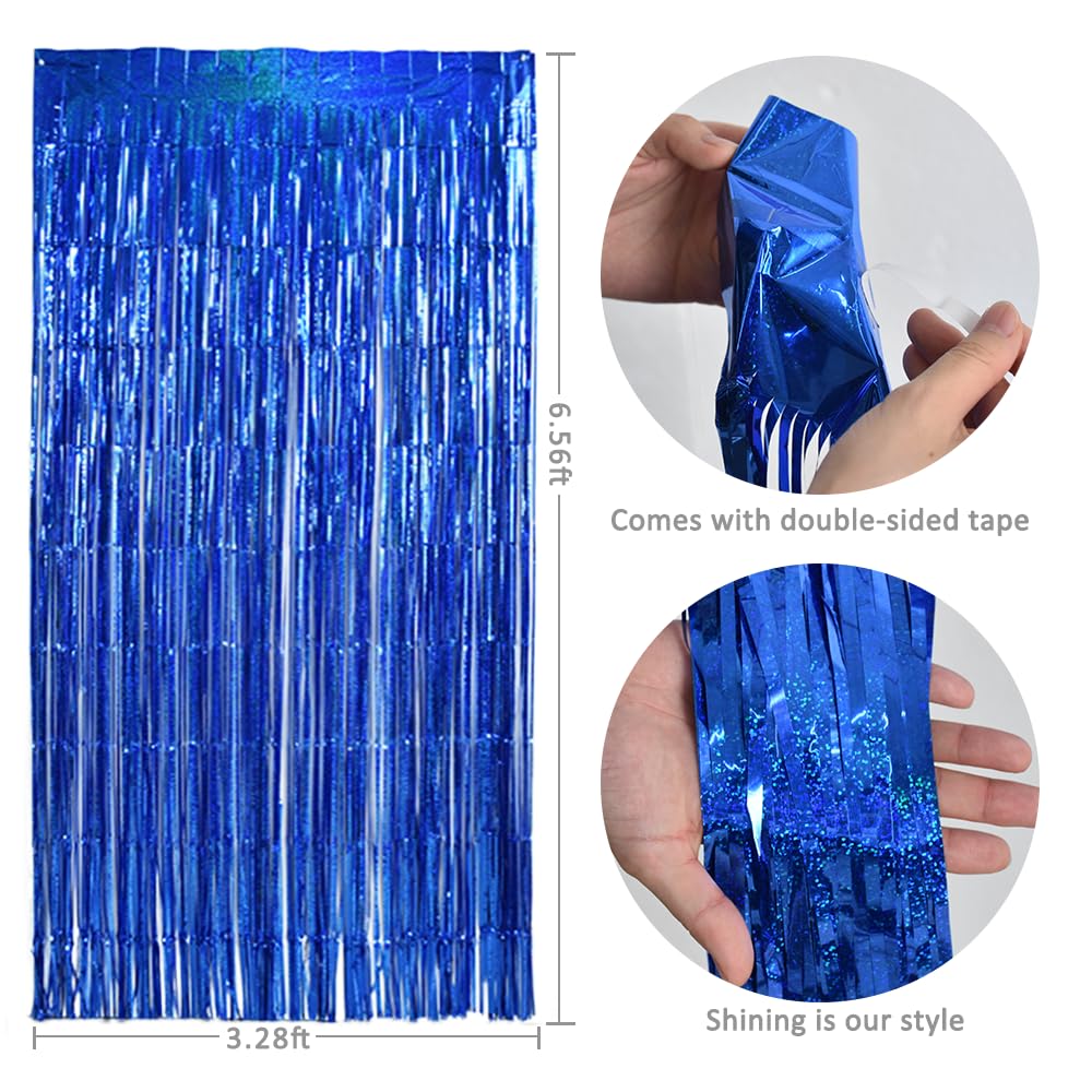 Toniful 3Pcs Laser Blue Door Streamers,Laser Blue Photo Booth Backdrop Metallic Streamers Laser Blue Foil Fringe Curtains For Bi