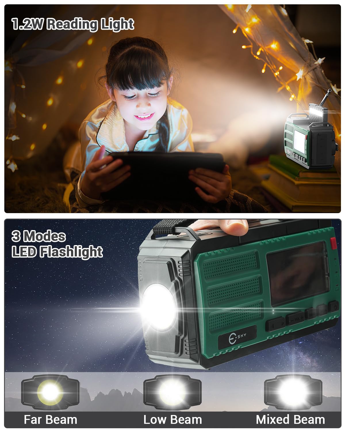 Esky 10000Mah Emergency Hand Crank Radio, Am/Fm/Noaa Portable Weather Alert Radio With Flashlight, Solar Powered Rechargeable Ra