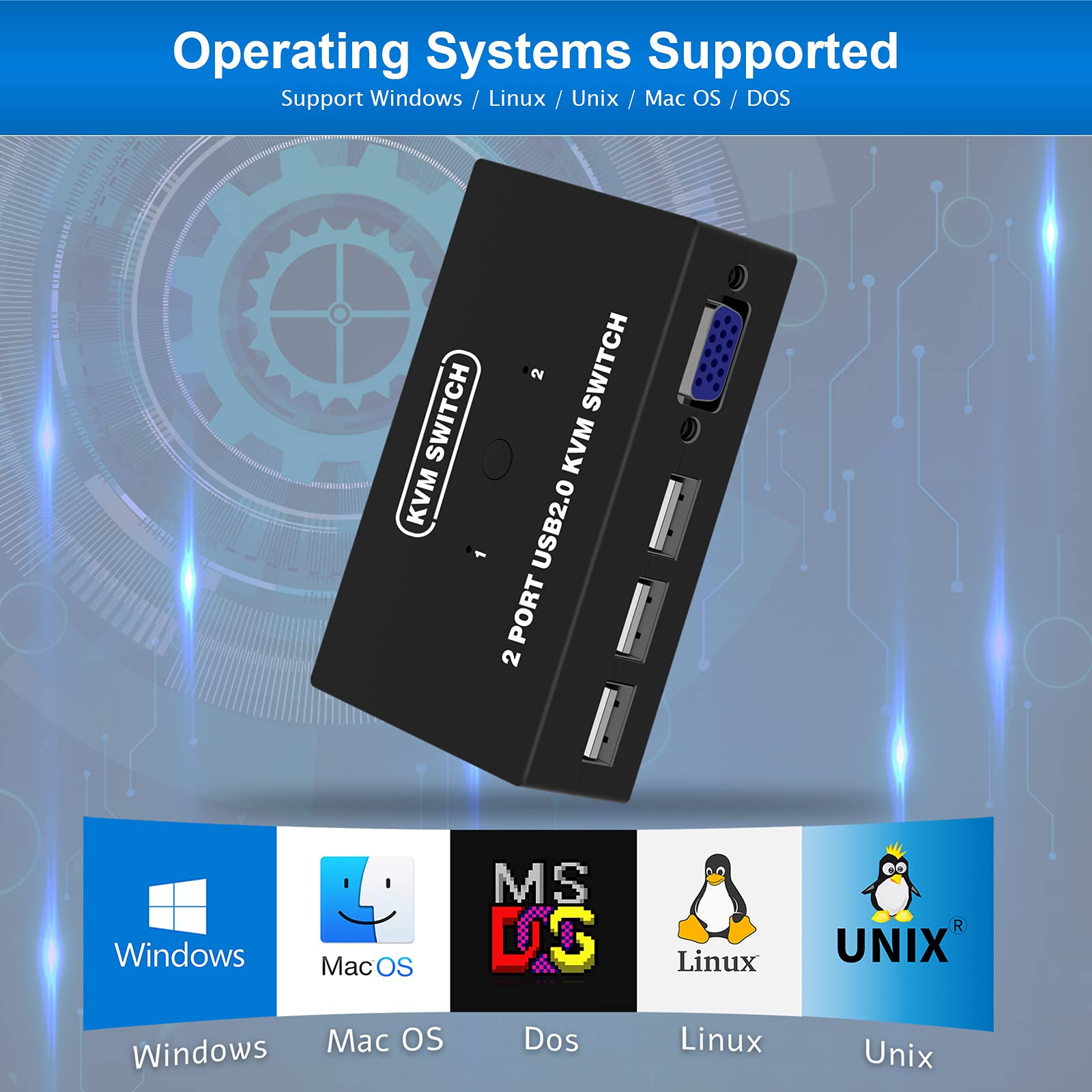 Usb Vga Kvm Switch For 2 Pc Sharing 1 Video Monitor And 3 Usb Devices, Keyboard Mouse Scanner Printer, For Laptop Pc Windows Mac