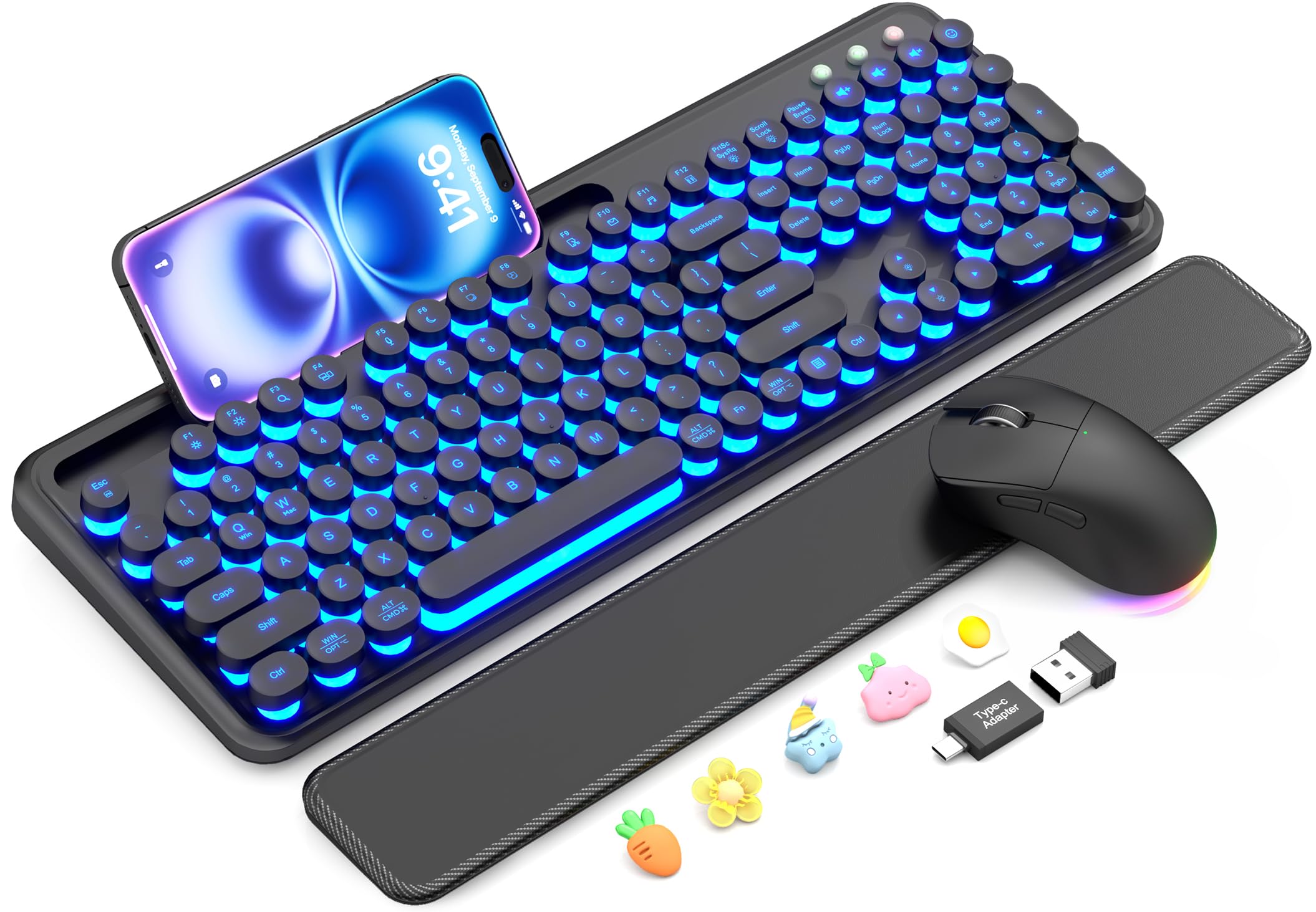 Wireless Keyboard and Mouse, Backlit Typewriter with Magnetic Wrist Rest