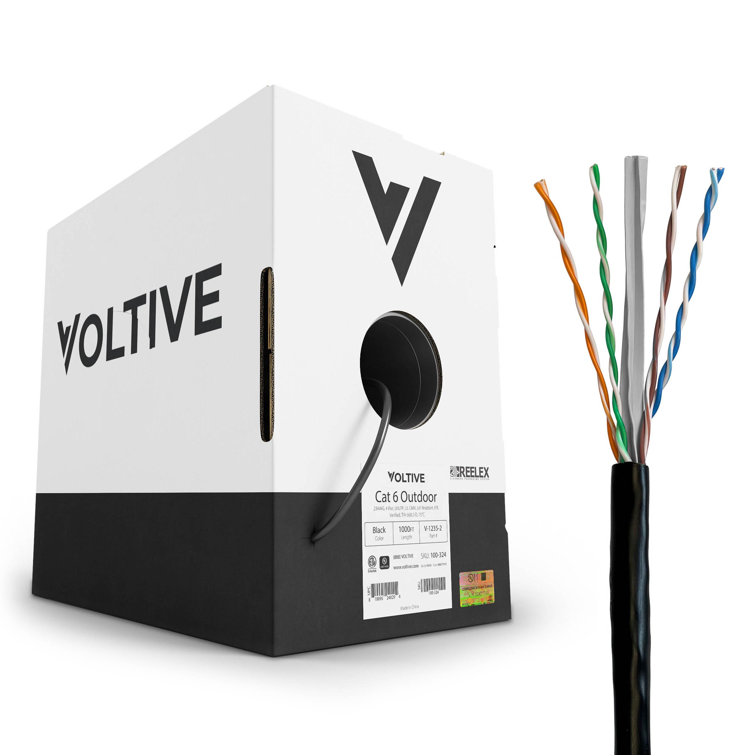 Voltive Cat6 Outdoor (Cmx), 1000Ft, Black   Uv Resistant   Solid Bare Copper Bulk Ethernet Cable   Utp   600Mhz   Ul Certified &