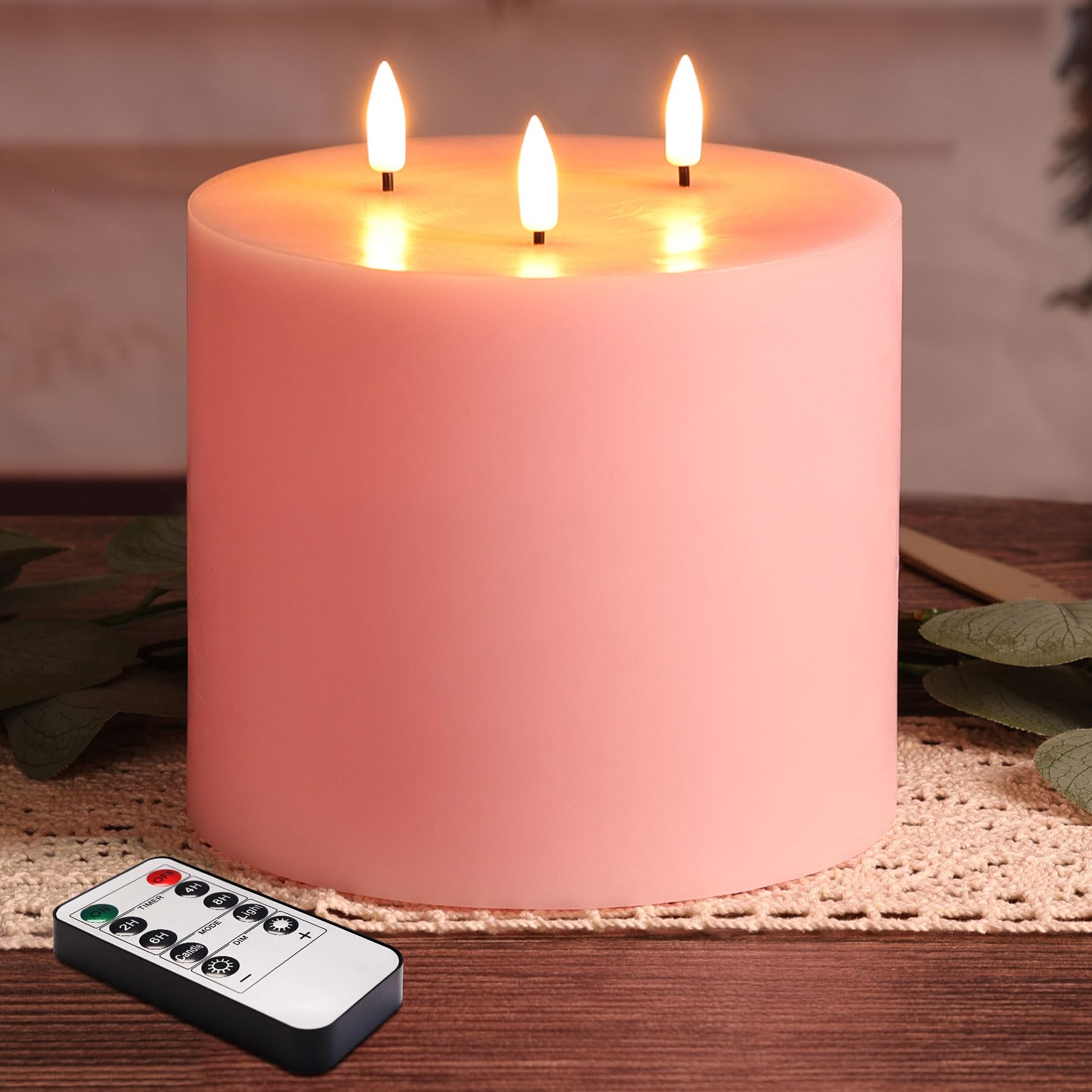 Girimax Pink 3 Wick Flameless Pillar Candle with Remote, Large 6x6 inch LED Candle Battery Operated Flickering Home Decor
