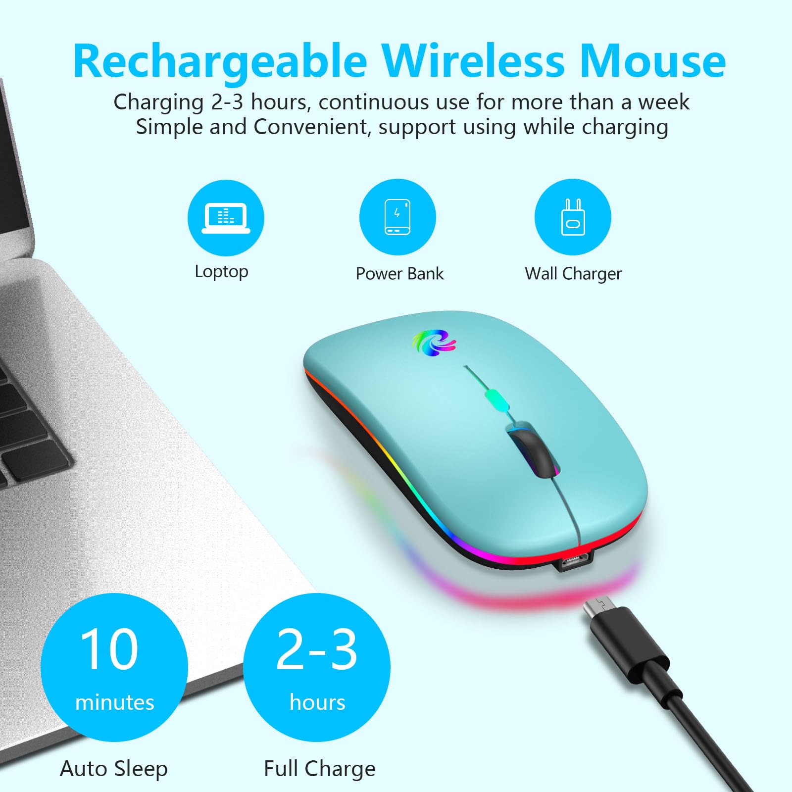 Led Wireless Mouse, Rechargeable Slim Silent Mice 2.4G Portable Office Optical Mouse With Usb Receiver And Type C Adapter, 3 Adj