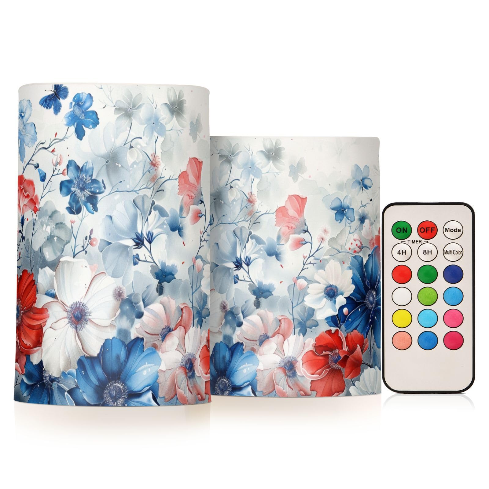ALAZA Patriotic Blue Red White Flowers Flickering Flameless Candles Battery Operated with Remote Timer,Independence Tea Light Ca