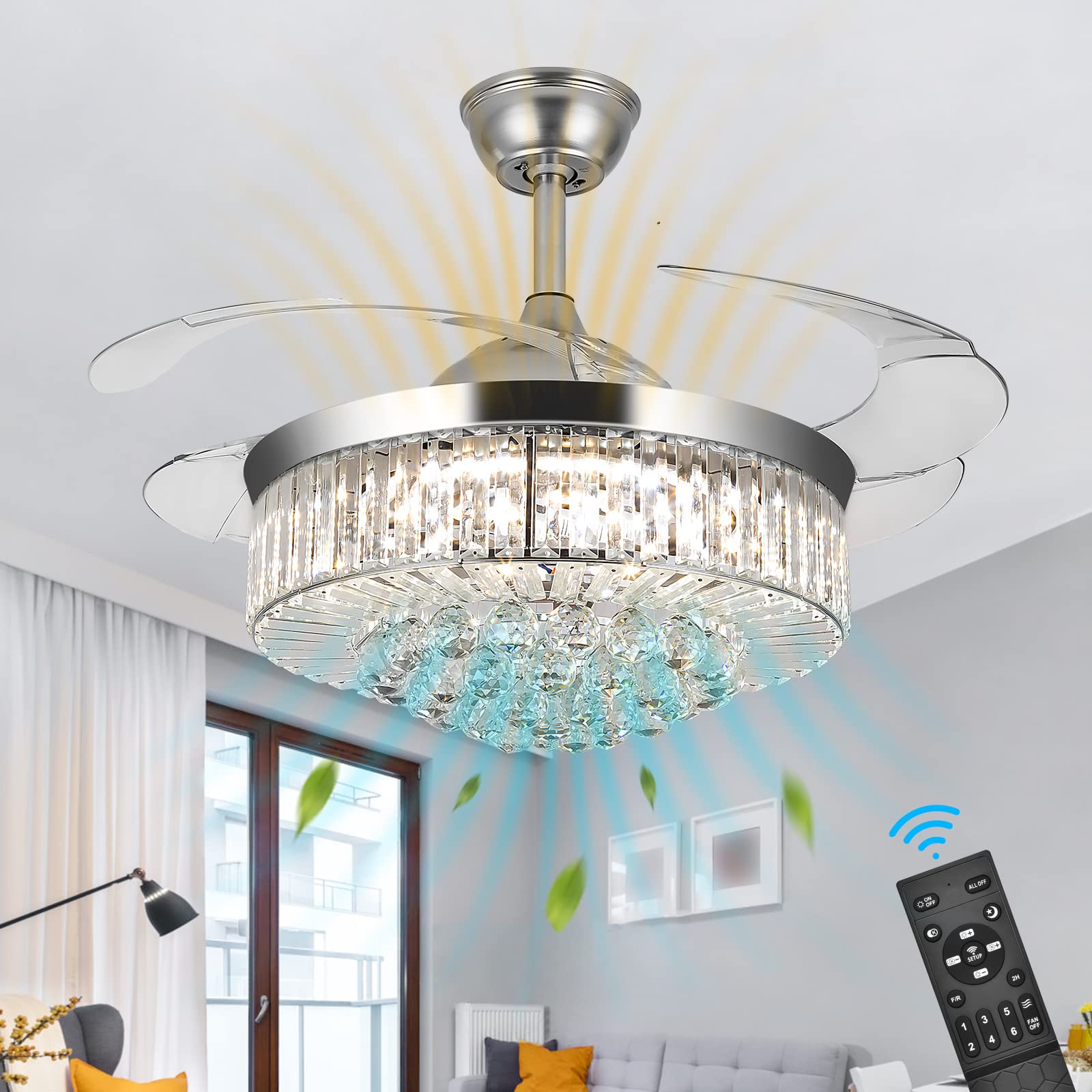 Wwahuayuan 42'' Ceiling Fans With Lights Remote Control, Reversible Chandelier Ceiling Fan Light For Bedroom Living Room In 3 Co