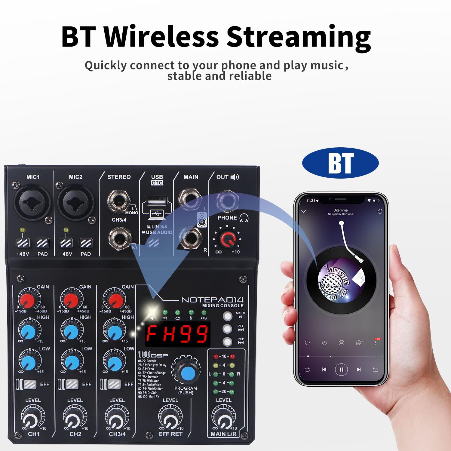 4 Channel Audio Mixer With 99 Sound Effects For Pc,Bt Dj Mixer Portable Sound Mixing Console With Usb Recording Input For Live S