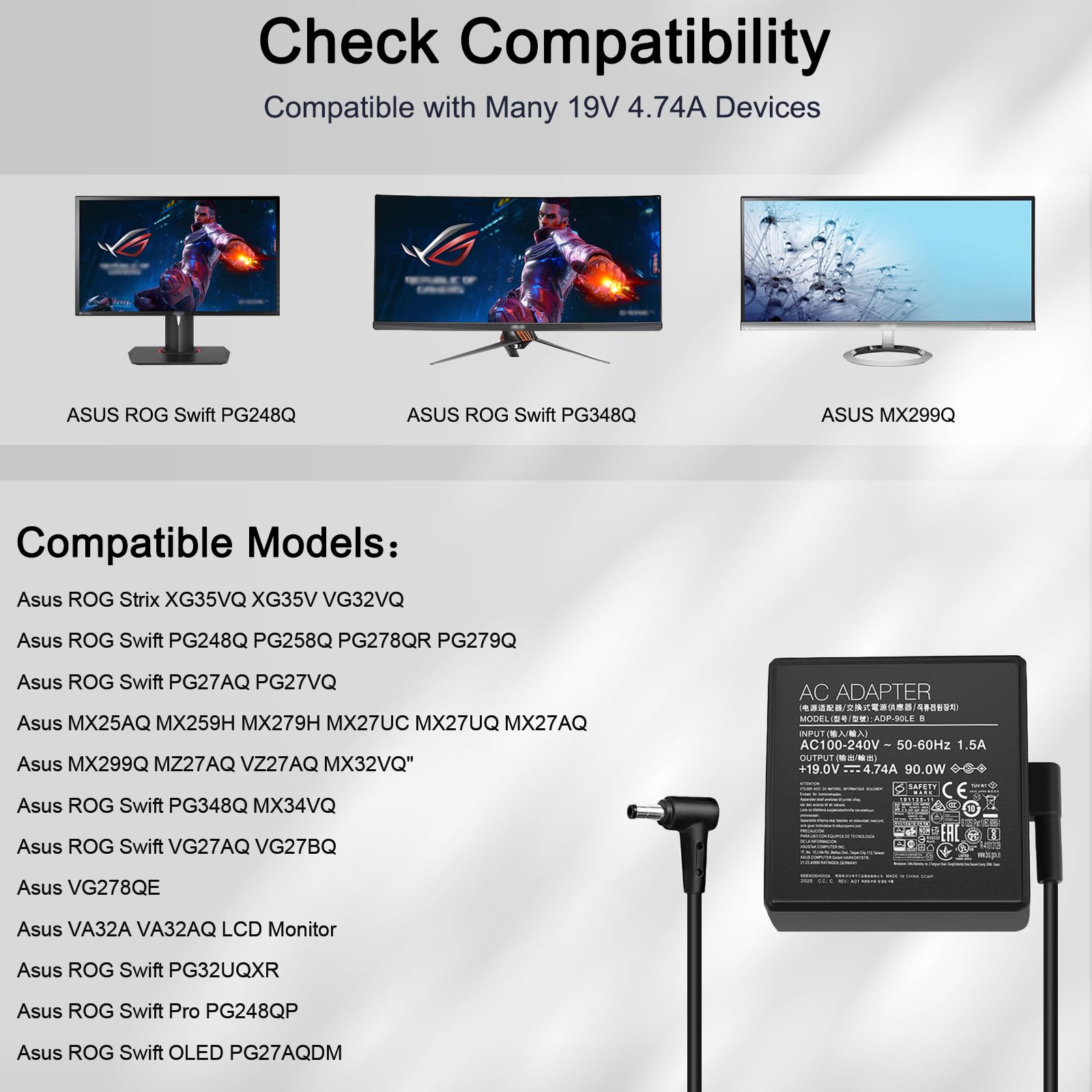 90W Charger For Asus Monitor Power Cord Asus Rog Strix Pg279Q Pg279 Pg279Qz Xg27Uq Pg259Qn Tuf Gaming Vg27Aq Vg32Vqr Vg35Vq Vivo Aio V230I V230Ic Power Adapter Adp 90Le B