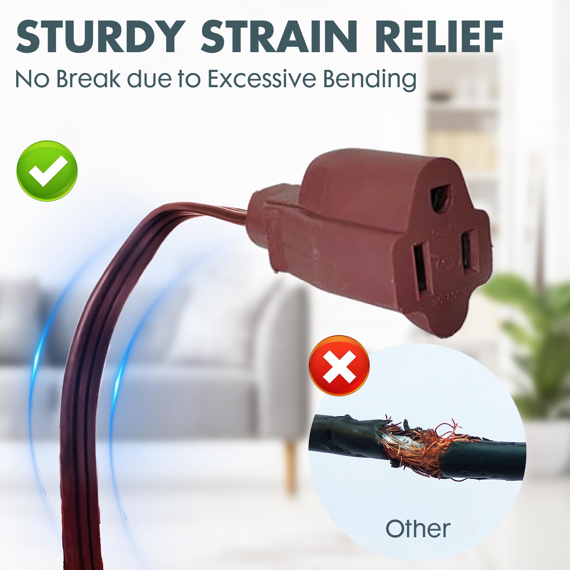 Palarine Brown Flat Plug Extension Cord 12 Ft, Indoor Extension Cord, 16/3 Spt 3 13A 3 Prong Power Cord For Kitchens, Behind Fur