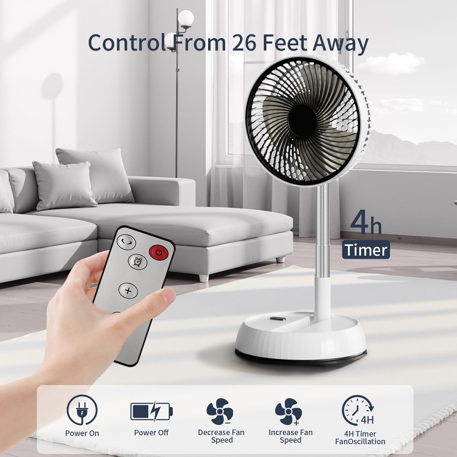 Leeyalan 8 Foldable Travel Fan With Remote Control - Portable Standing Fan For Home, Office & Camping | 3-Speed 7200Mah Recharge