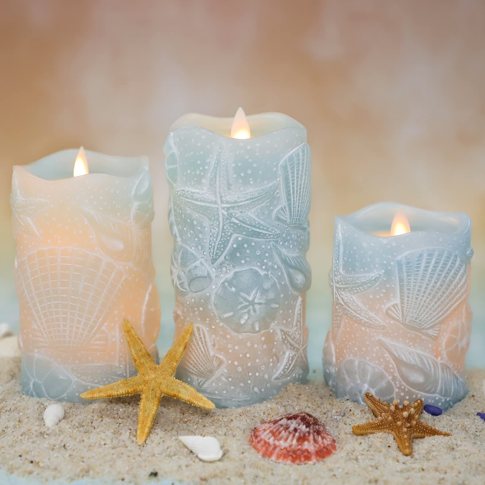 Silverstro Ocean Flameless Candles Remote Carved Seashell Real Wax Flicker Battery Operated Candles For Home Party Wedding Chris