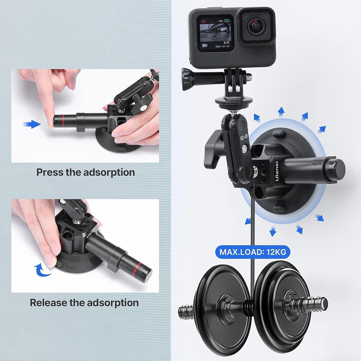 Uurig Sc-01 Suction Mount 3 For Vlogging Action Camera Car Mount W Smartphone Clamp For Iphone 14 13 Pro Max, 1/4 Magic Arm Adap