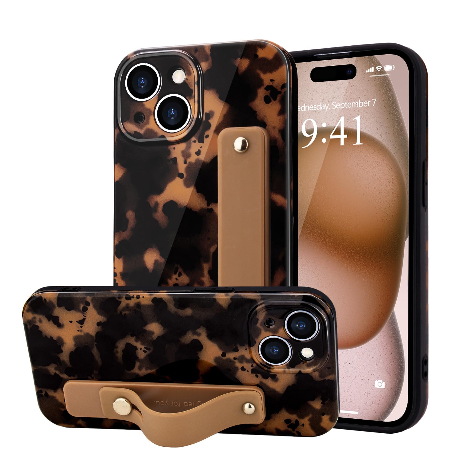 LAPOPNUT for iPhone 14 Case with Wrist Strap, Cheetah Leopard Tortoise Shell Print Shockproof Soft TPU Protective Case for Women