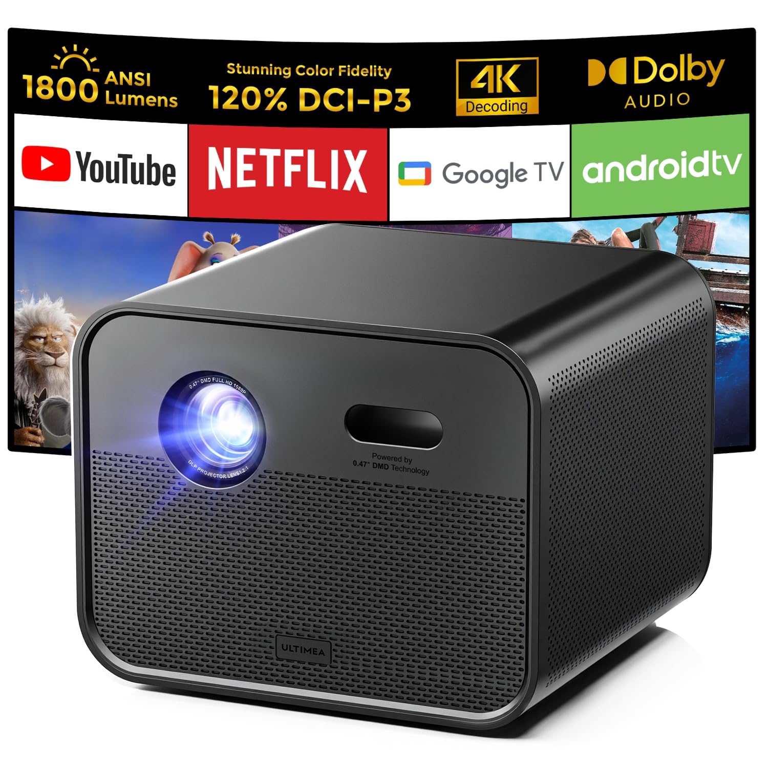 ULTIMEA 4K DLP Smart Projector for Home, 1800 ANSI Lumens Projector Native 1080P, Built-in Apps, AI Auto Focus & 6D Keystone, Pr