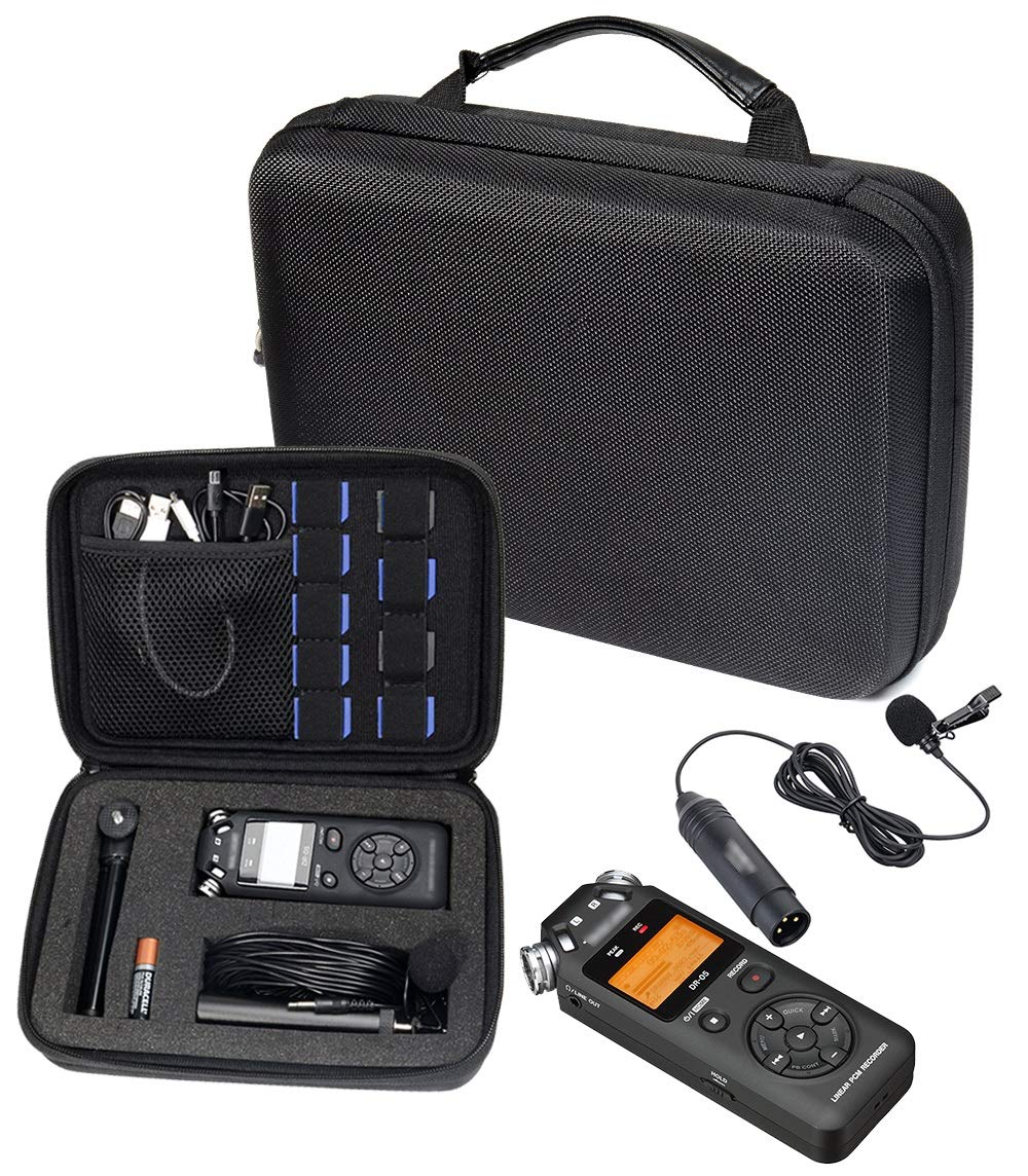 Professional Portable Recorder Case with DIY Foam Inlay for DR-05, DR-40, DR-22L, DR-100MKll, DR-1, Mini Tripod, Adapter, Mic Po