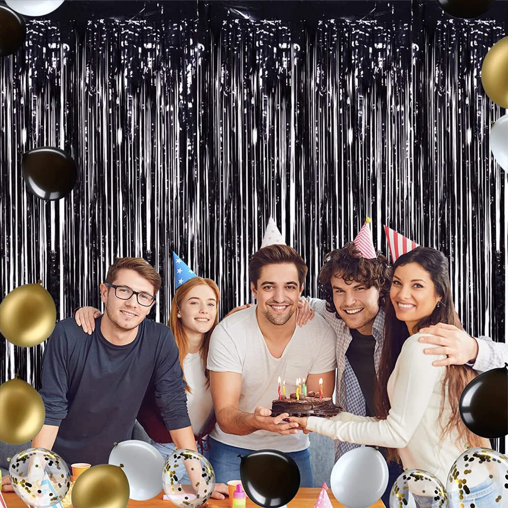Toniful 3Pcs Black Door Streamers,3.28Ft X 6.56Ft Black Photo Booth Backdrop Metallic Streamers Black Foil Fringe Curtains For B