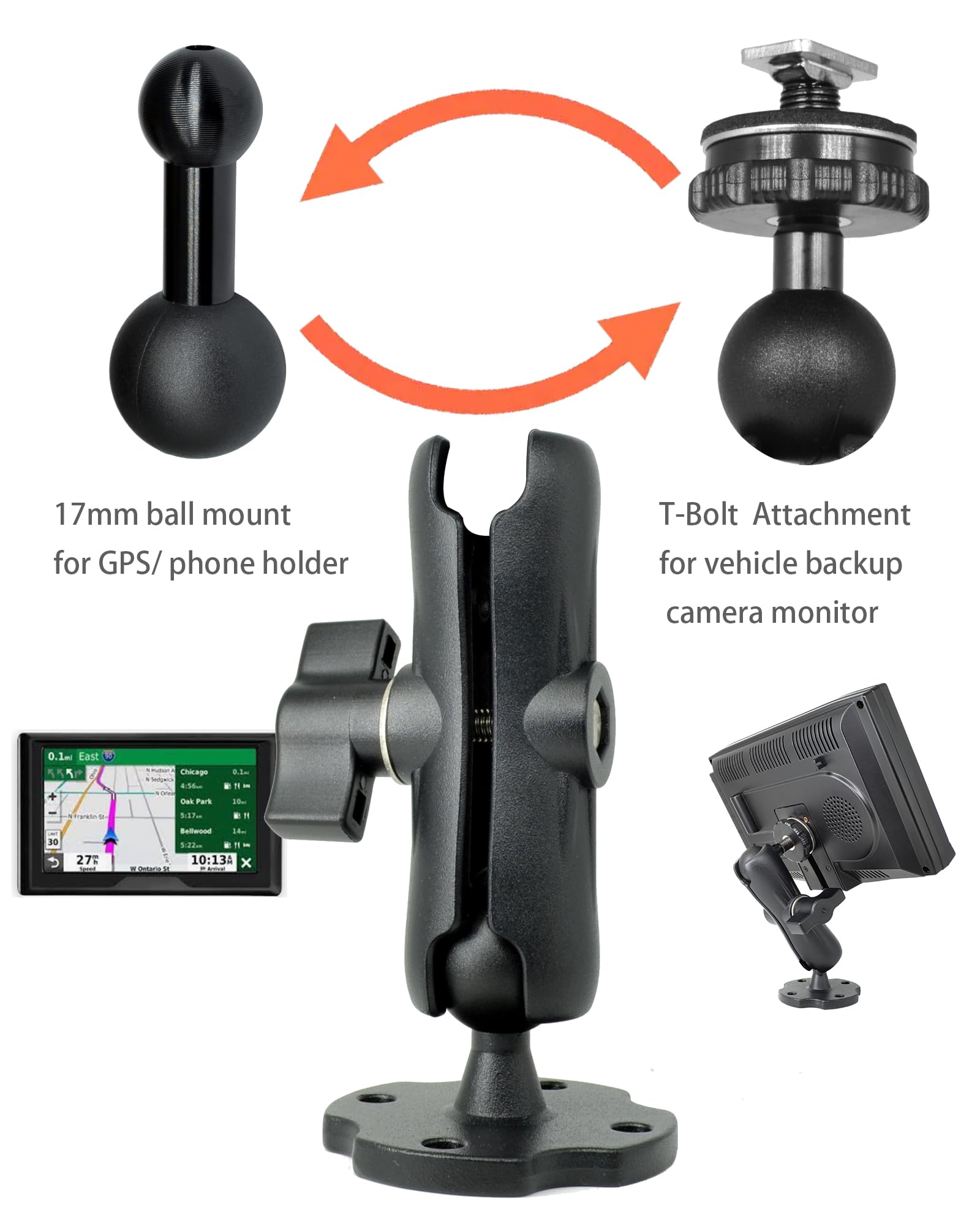 Vaubortti Aluminum Gps Mount, 17Mm Ball Mount And T Bolt Ball Mount 2 In 1,Fit For Garmin Gps & Backup Camera Monitor, Heavy Dut
