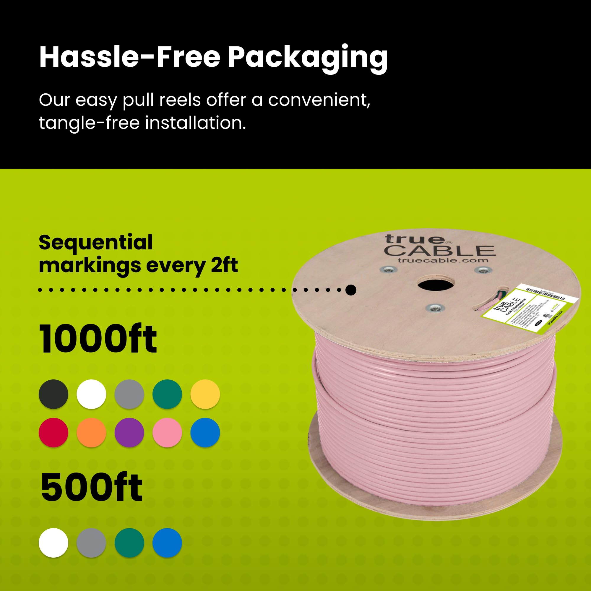 Truecable Cat6 Shielded Riser (Cmr), 1000Ft, Pink, 23Awg Solid Bare Copper, 550Mhz, Poe++ (4Ppoe), Etl Listed, Overall Aluminum Foil Shield (F/Utp), Bulk Ethernet Cable