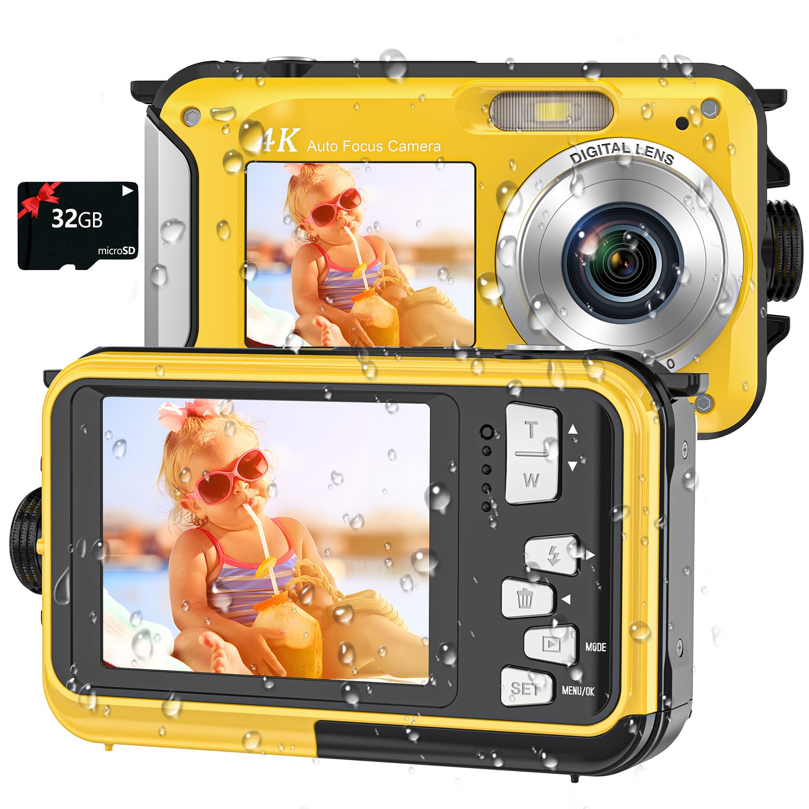 4K Digital Camera 16FT Underwater Camera with 32GB Card 64MP Autofocus Dual-Screen Selfie Waterproof Camera for Snorkeling Compa