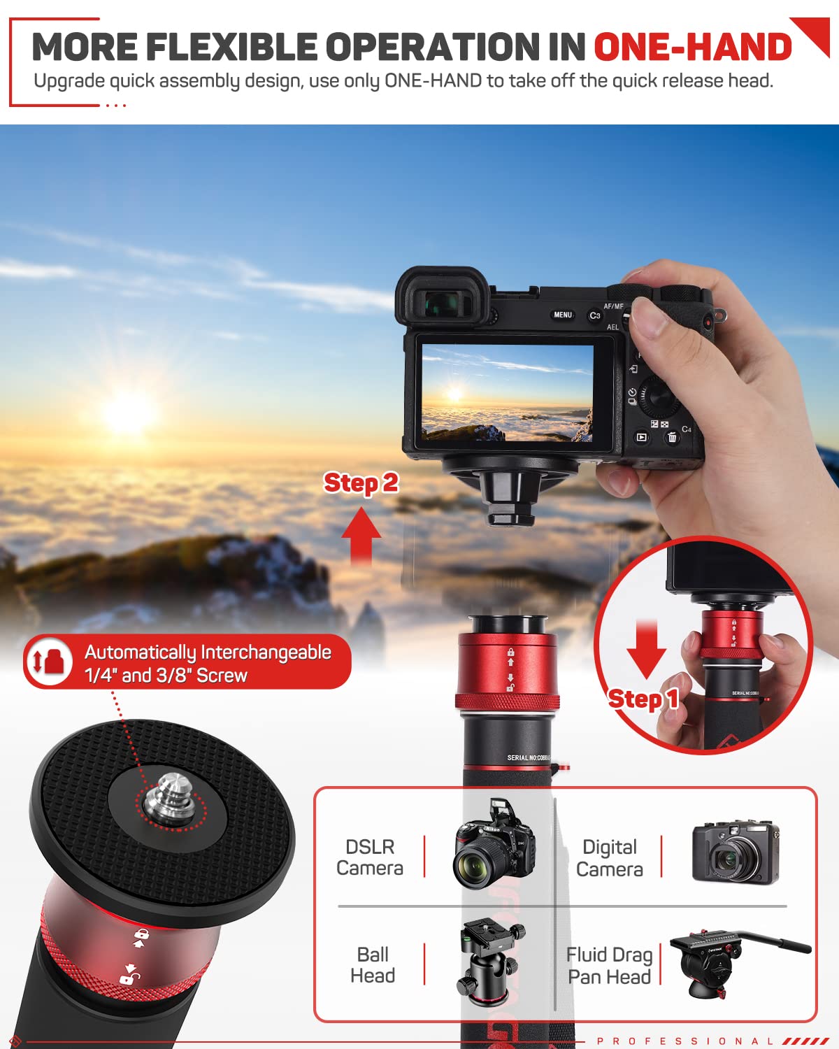 Ifootage Cobra 3 Carbon Fiber Monopod With Pedal, 71'' Professional Monopod For Cameras, Portable Travel Monopod With Feet, Max