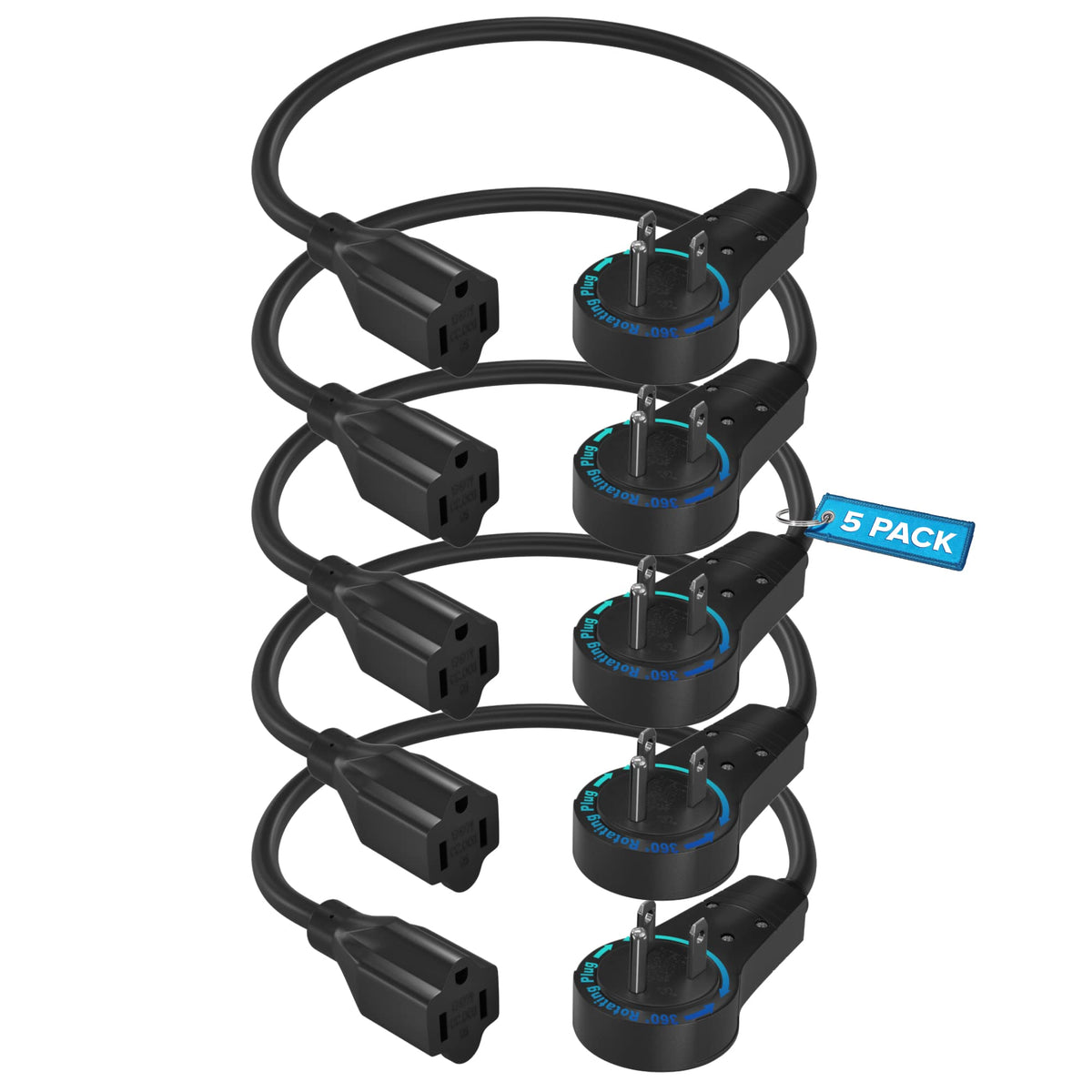Maximm Cable 6-Inch (0.5 Foot) 360 Rotating Flat Plug Extension Cord/Wire, 3 Prong Grounded Wire - 5 Pack - Black Ul Certified