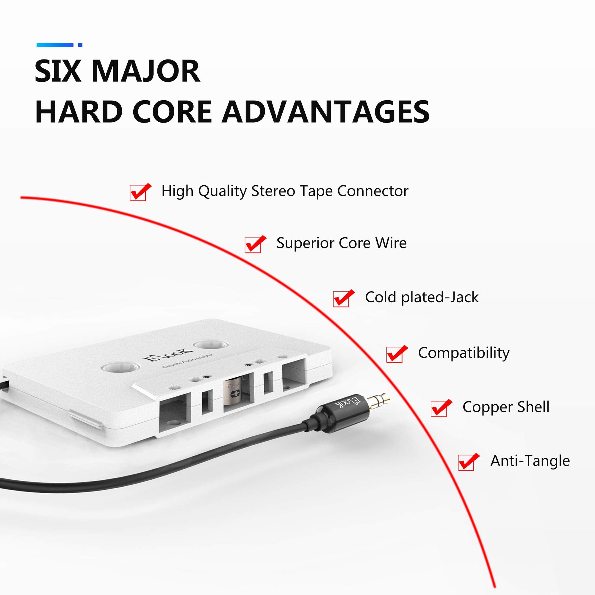 Elook Car Cassette Aux Adapter, 3.5Mm Universal Audio Cable Tape Adapter For Car, Phone, Mp3 Ect. White