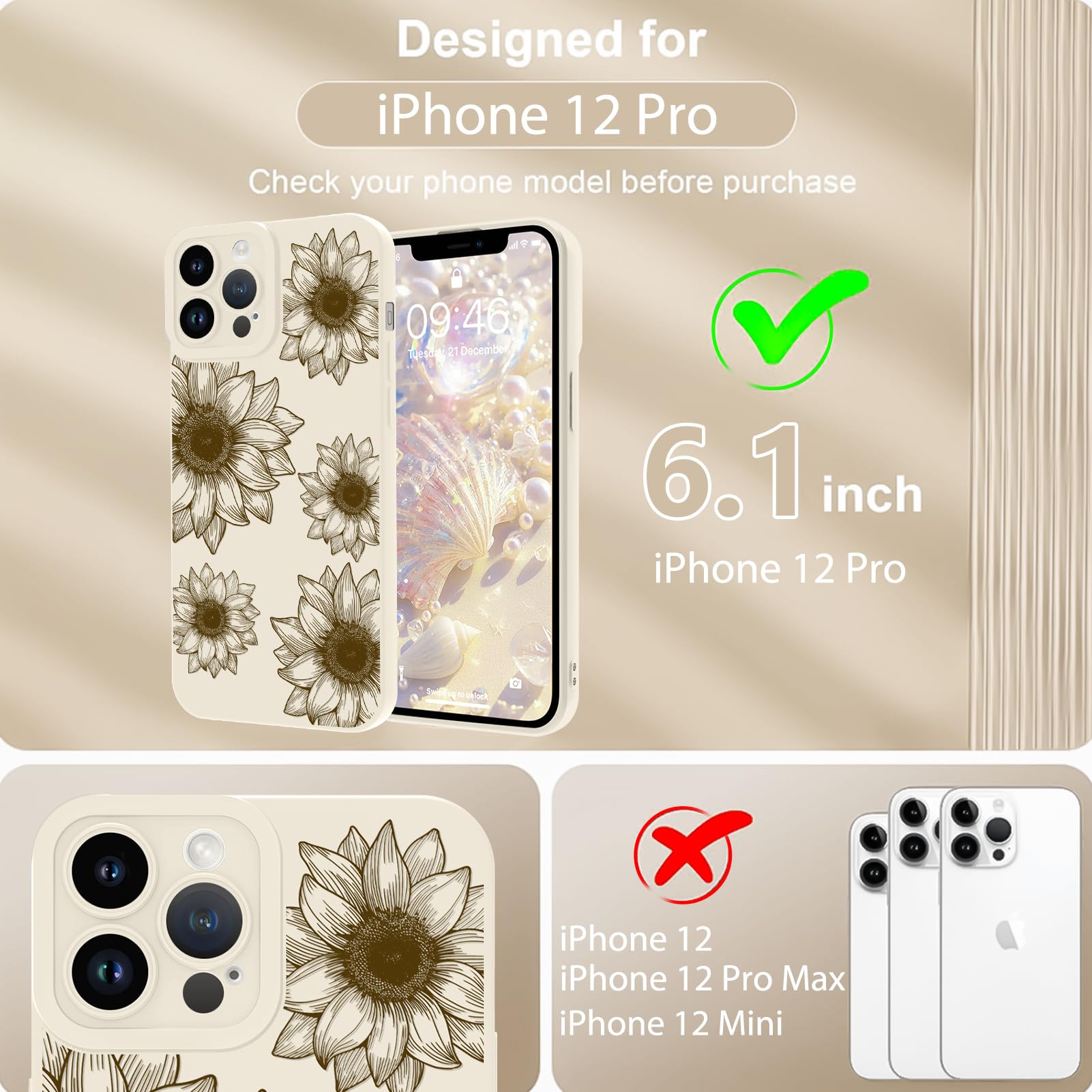 Ook Floral Case For Iphone 12 Pro Case, Cute Sunflower Floral Blooms Design Soft Tpu Shockproof Protective For Women Girls Slim