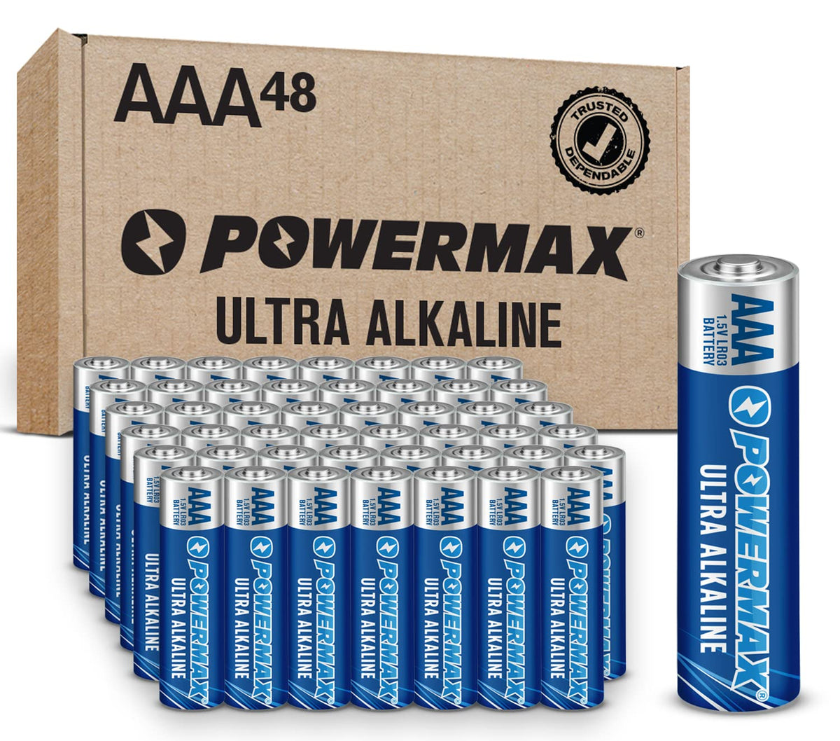 Powermax 48 Count Aaa Batteries, Ultra Long Lasting Alkaline Battery, 10 Year Shelf Life, Reclosable Packaging