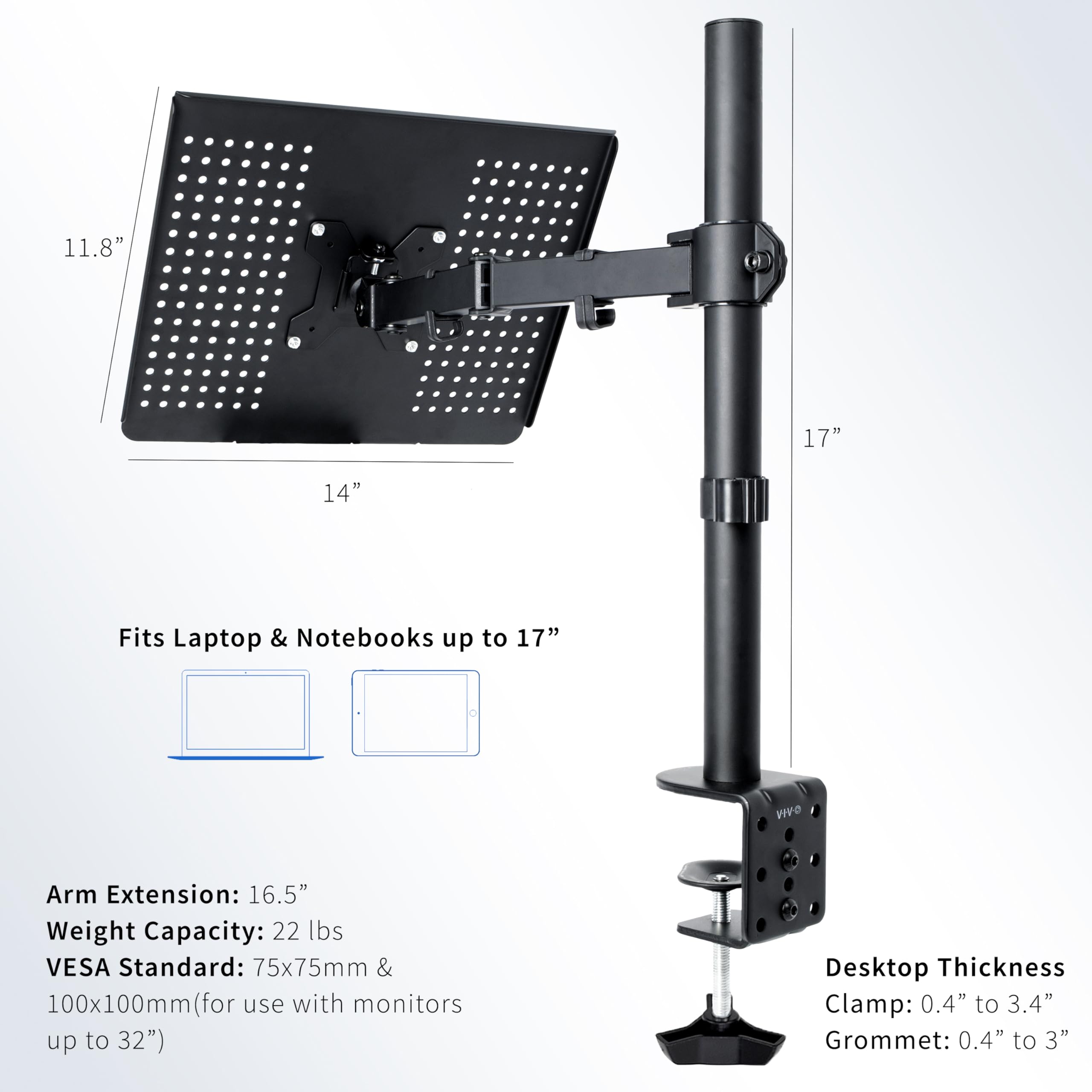 VIVO Single Laptop Notebook Desk Mount Stand, Fully Adjustable Extension with C clamp, Fits up to 17 inch Laptops, Black, STAND V001L