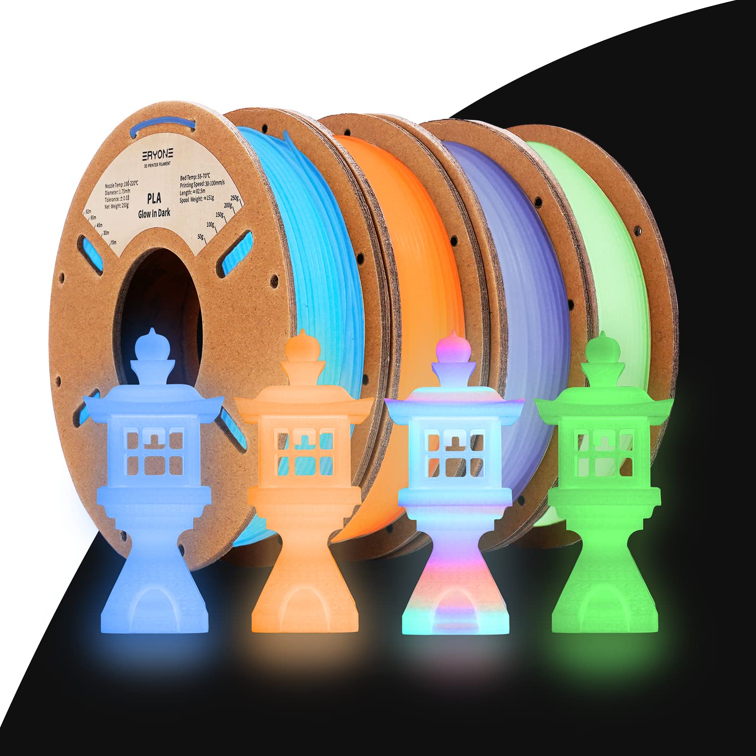 Eryone Glow In The Dark Filament Pla 1.75Mm +/ 0.03Mm, 250G*4 Pack/Spool, Glow Rainbow/Glow Blue/Glow Orange Yellow/Glow Green