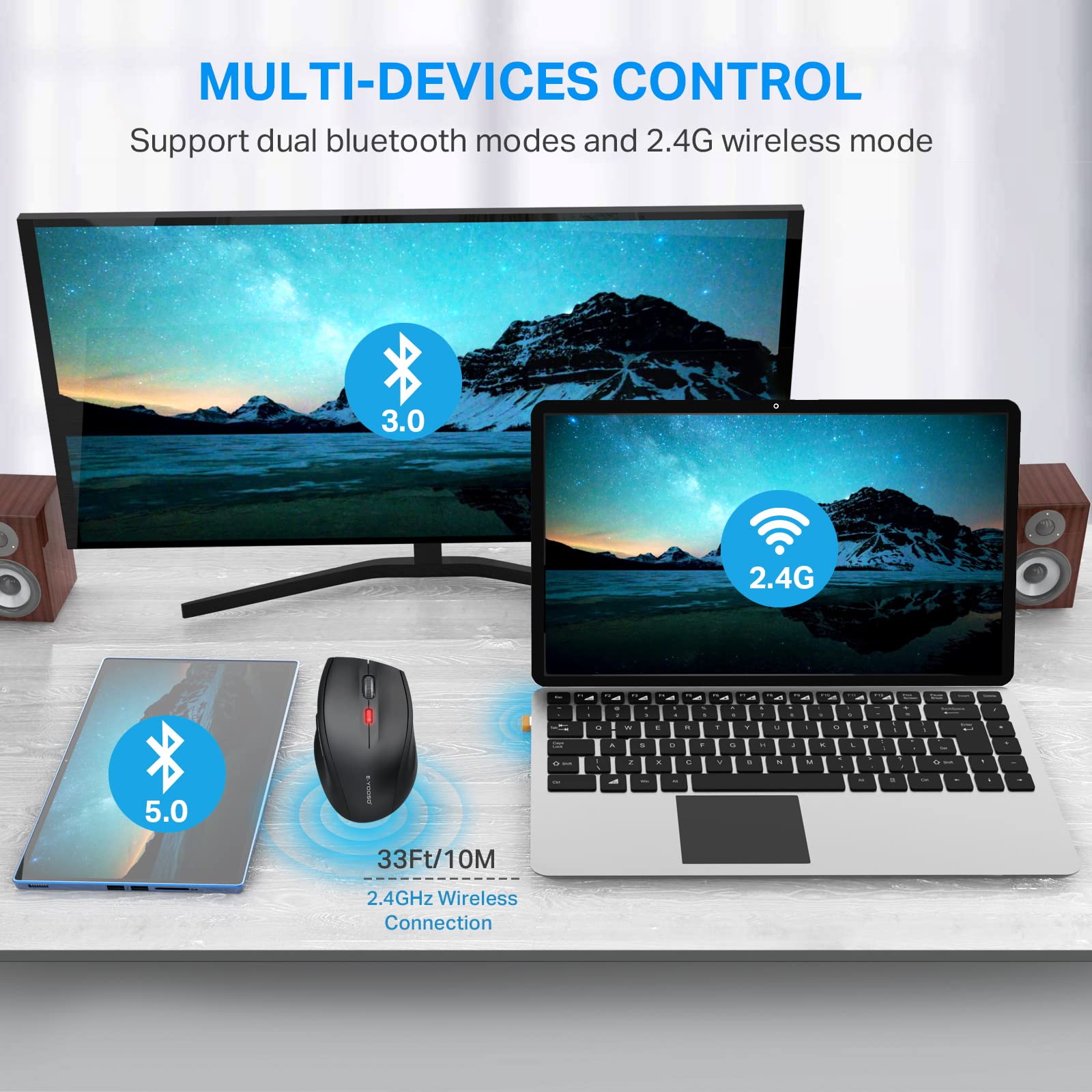 E Yooso Bluetooth Wireless Mouse, Bluetooth 5.0 & 3.0 Mouse 2.4Ghz Ergonomic Wireless Optical Mouse With Usb Nano Receiver, 5 Ad