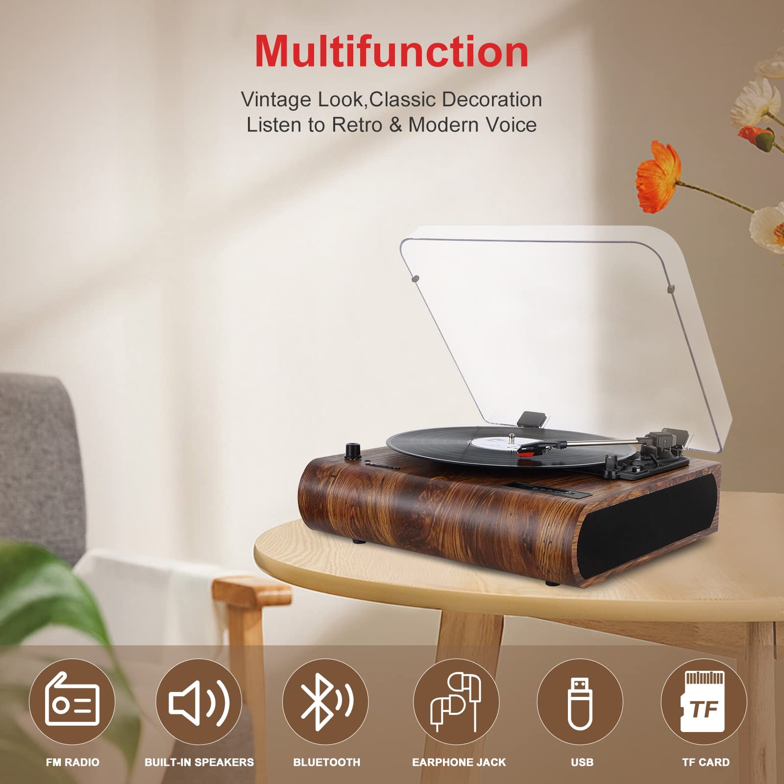 VOSTERIO Bluetooth Record Player, 3-Speed Turntable, Retro LP Vinyl Player, Brown, Model b-692, Built-in Speakers, USB & SD Card Recording