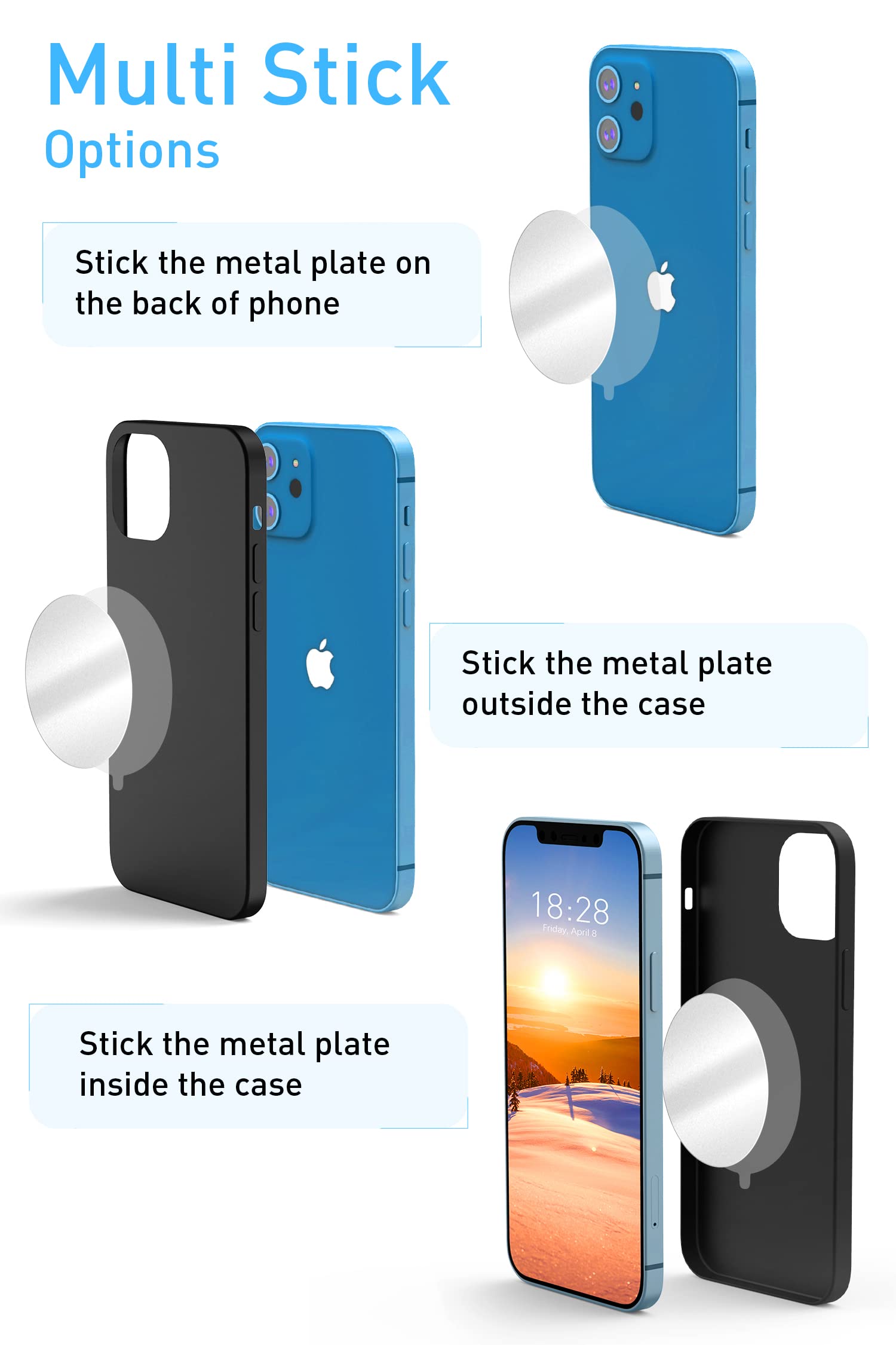 Tryone Metal Plate for Magnetic Car Mount 4 Pack Disc with 3M Adhesive Compatible with Phone Magnets/Cell Phone Automobile Magnet Cradles, No Logo or Hole, 2 Rectangle 2 Round, Black&Silver