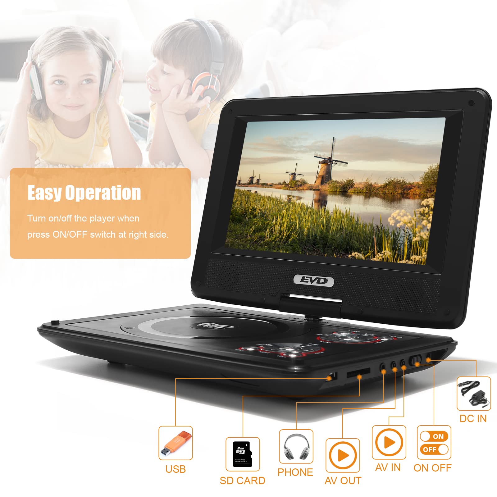 11.5' Portable Dvd Player With 9.5' Swivel Screen, 5 Hours Rechargeable Battery,Car Dvd Player,Support Cd/Dvd/Sd Card/Usb,Regions Free,Dual Speakers, Black�