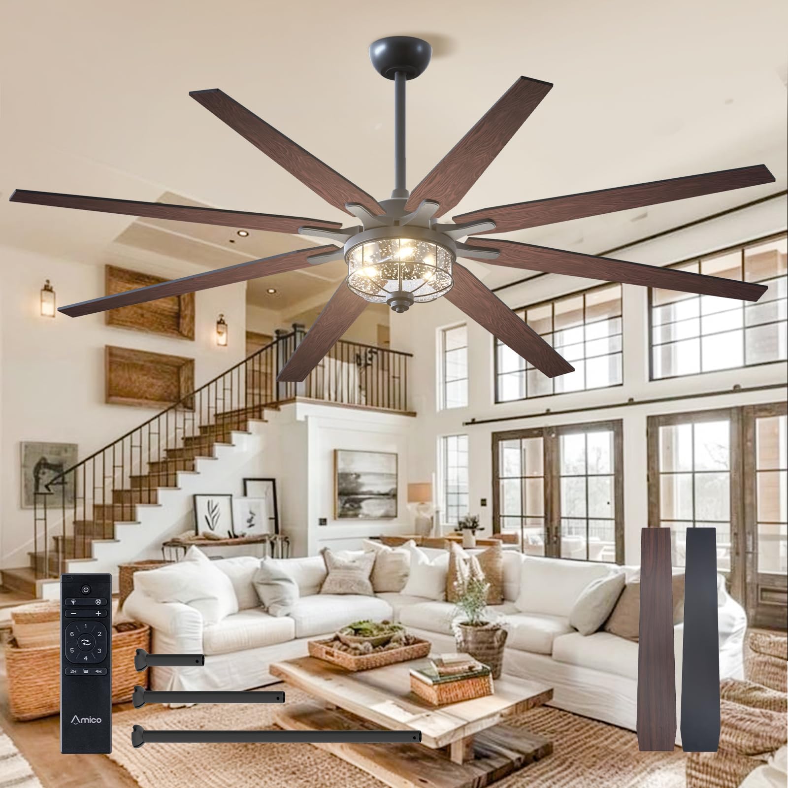 Amico Ceiling Fans With Lights, 72'' Indoor/Outdoor Black Ceiling Fan With Remote Control, Reversible Dc Motor, 8 Blades, 3Cct,