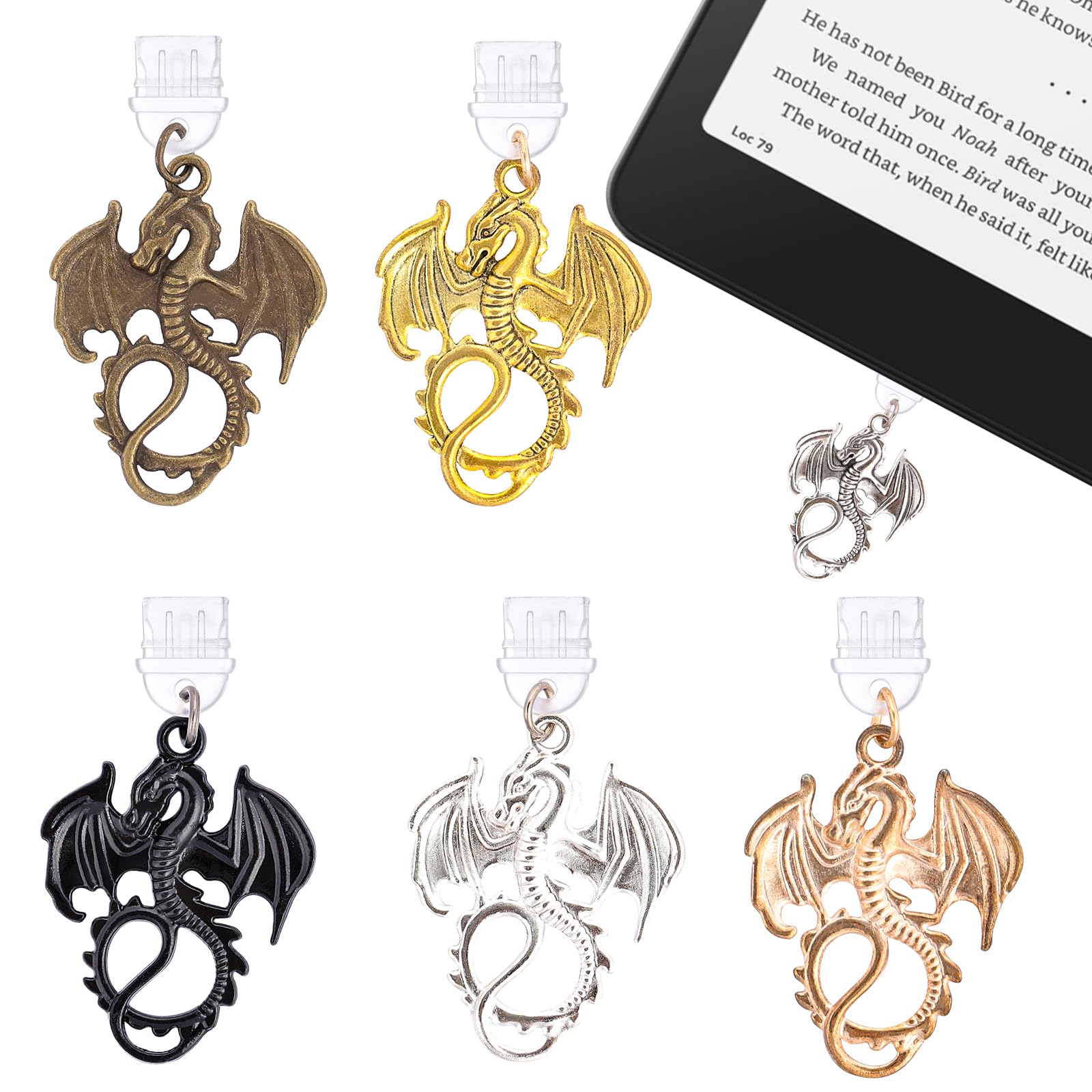 TAKEALOOKO 6 Pcs Dust Plug Charms for Kindle - Fantasy Dragon Charging Port Cover, Aesthetic Pendants for Type C/USB C Phone, Gi
