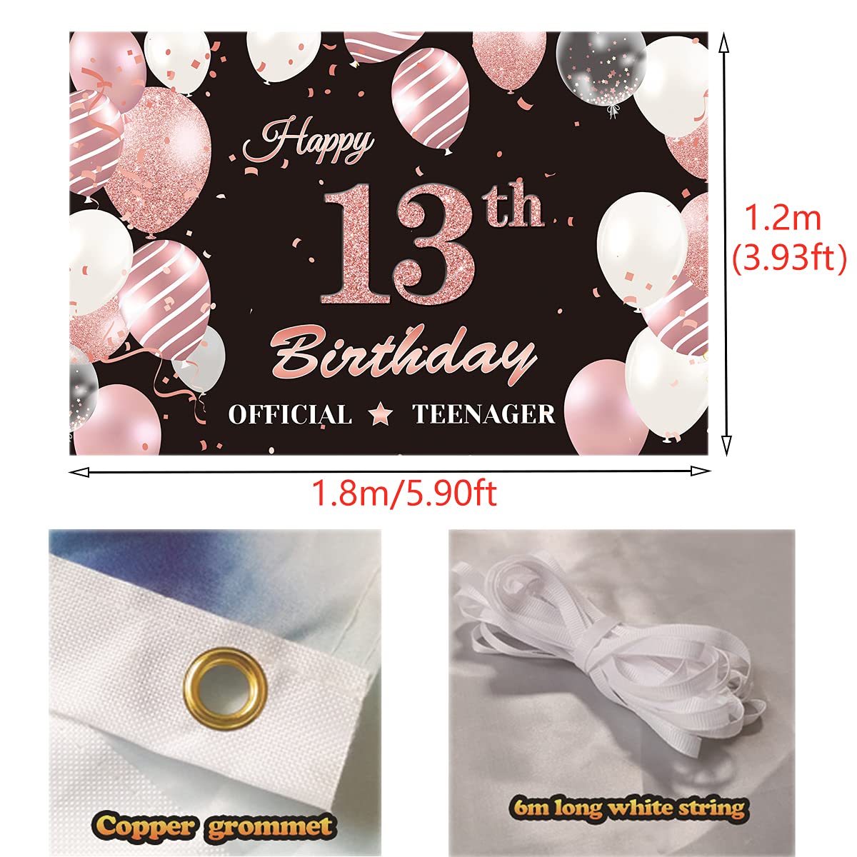 Official Teenager 13Th Birthday Banner Backdrop, Happy 13Th Birthday Photography Background For Girls, Black Rose Gold 13 Years