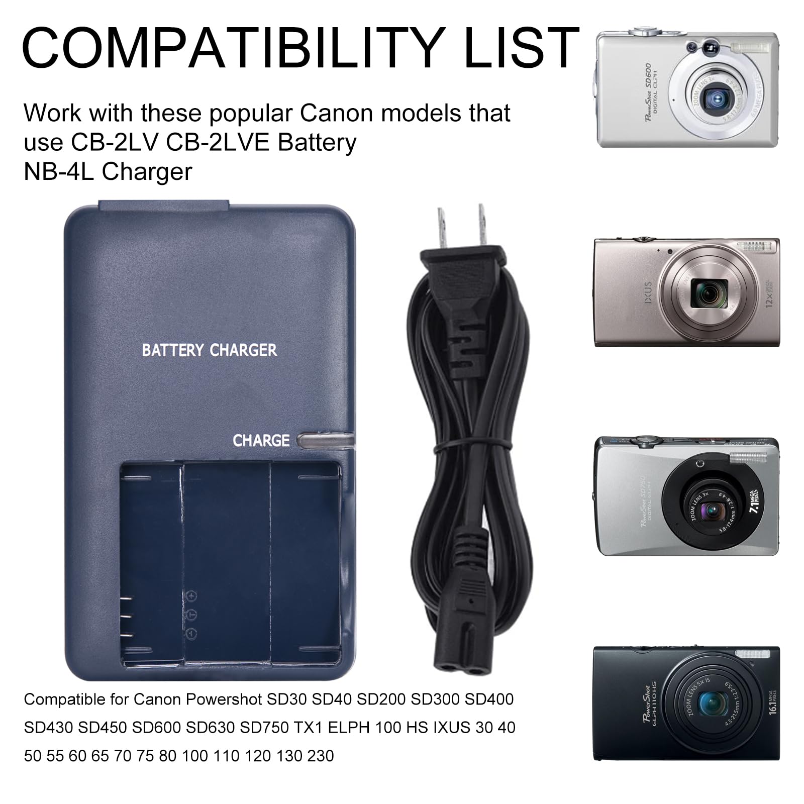 Cb 2Lve Charger For Canon Nb 4L Battery: Compatible Cb 2Lv Canon Powershot Sd30 Sd40 Sd200 Sd300 Sd400 Sd430 Sd450 Sd600 Sd630 S
