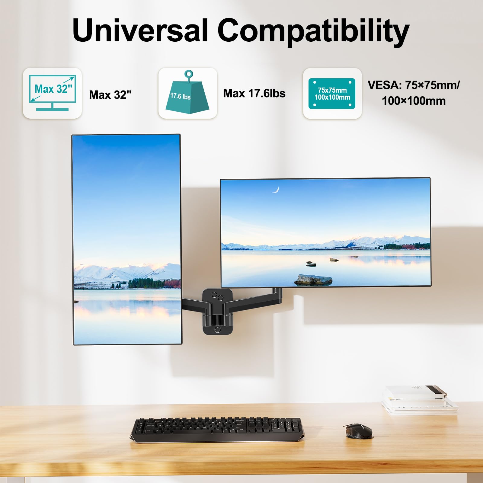 Mount Pro Dual Monitor Wall Mount For 13 To 32 Inch Computer Screens, Gas Spring Arm For 2 Monitors, Each Holds Up To 17.6Lbs, F