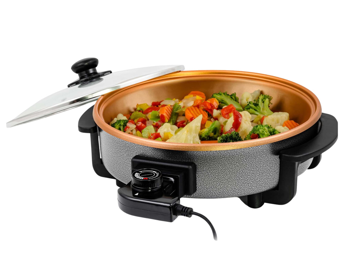Ovente 12 Inch Electric Skillet And Frying Pan With Nonstick Coating, 1400W Power, Adjustable Temperature Control, Tempered Glas
