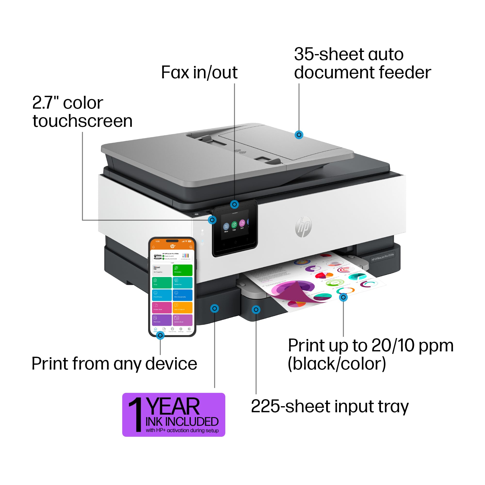Hp Officejet Pro 8139E Wireless All In One Color Inkjet Printer, Print, Scan, Copy, Fax, Adf, Duplex Printing Best For Home Offi