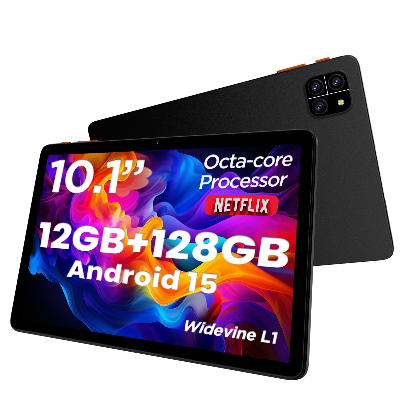 Tablet: 10 Inch Tablet, Android 15 Tablets, 12GB RAM 128GB ROM, Octa-core Processor, IPS HD Display, Widevine L1, WiFi 6 & Bluet