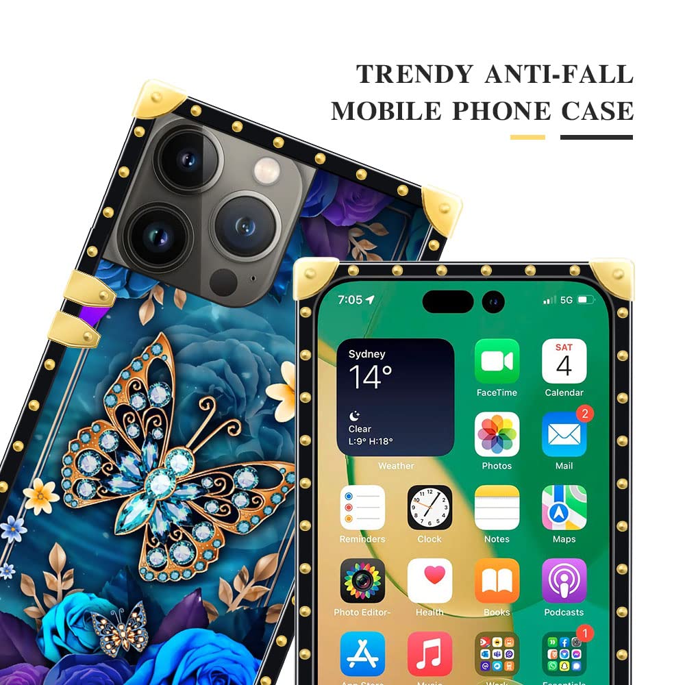 Pinsheng Phone Case Compatible with iPhone 14 Pro Max Square Shockproof Blue Rose Butterfly TPU Metal Decoration