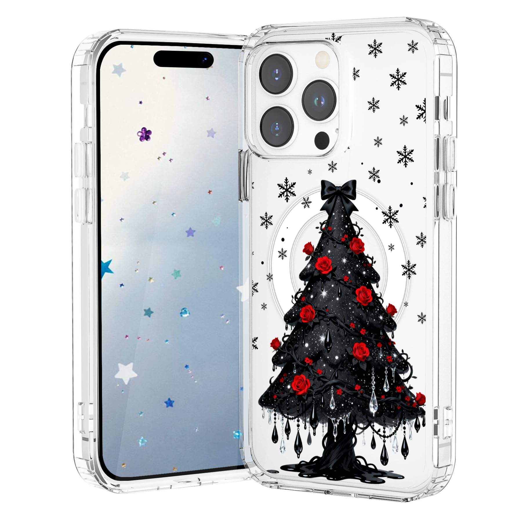 VibrantFruitique Christmas Case for iPhone 15 Pro,Gothic Rose Xmas Tree Clear Magnetic Case,Compatible with MagSafe,Soft TPU Bum