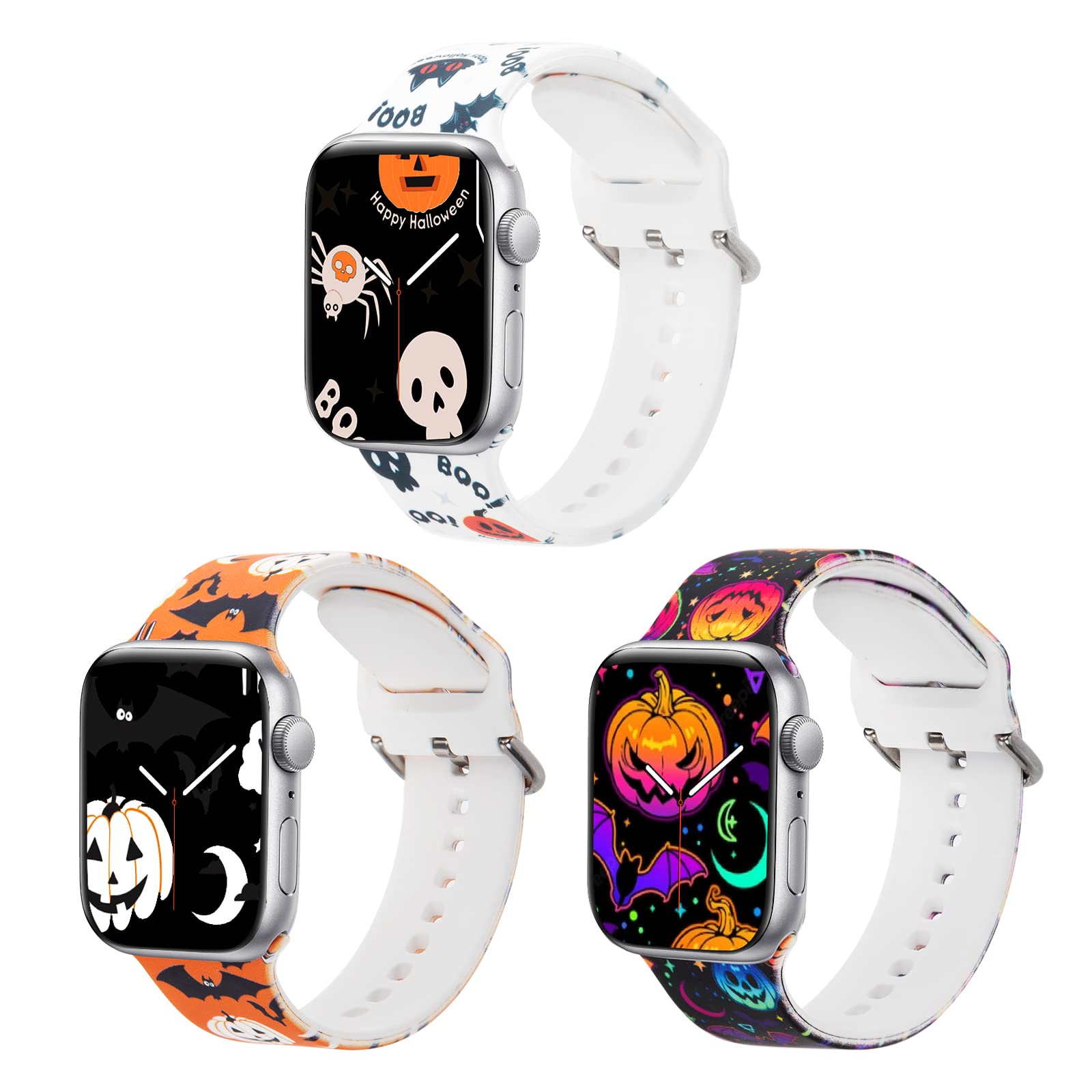 Halloween Band Compatible Apple Watch Women 3 Packs 42Mm/44Mm/45Mm 49Mm, Blingbrione Pumpkin Soft Silicone Glow Luminous Skull S