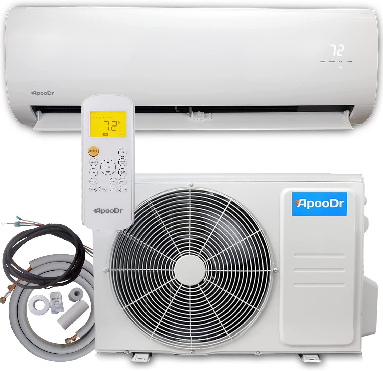 Apoodr 9000 Btu Mini Split Air Conditioner Ductless Inverter System 165 Seer With Heat Pump 220V,With Installation Kit