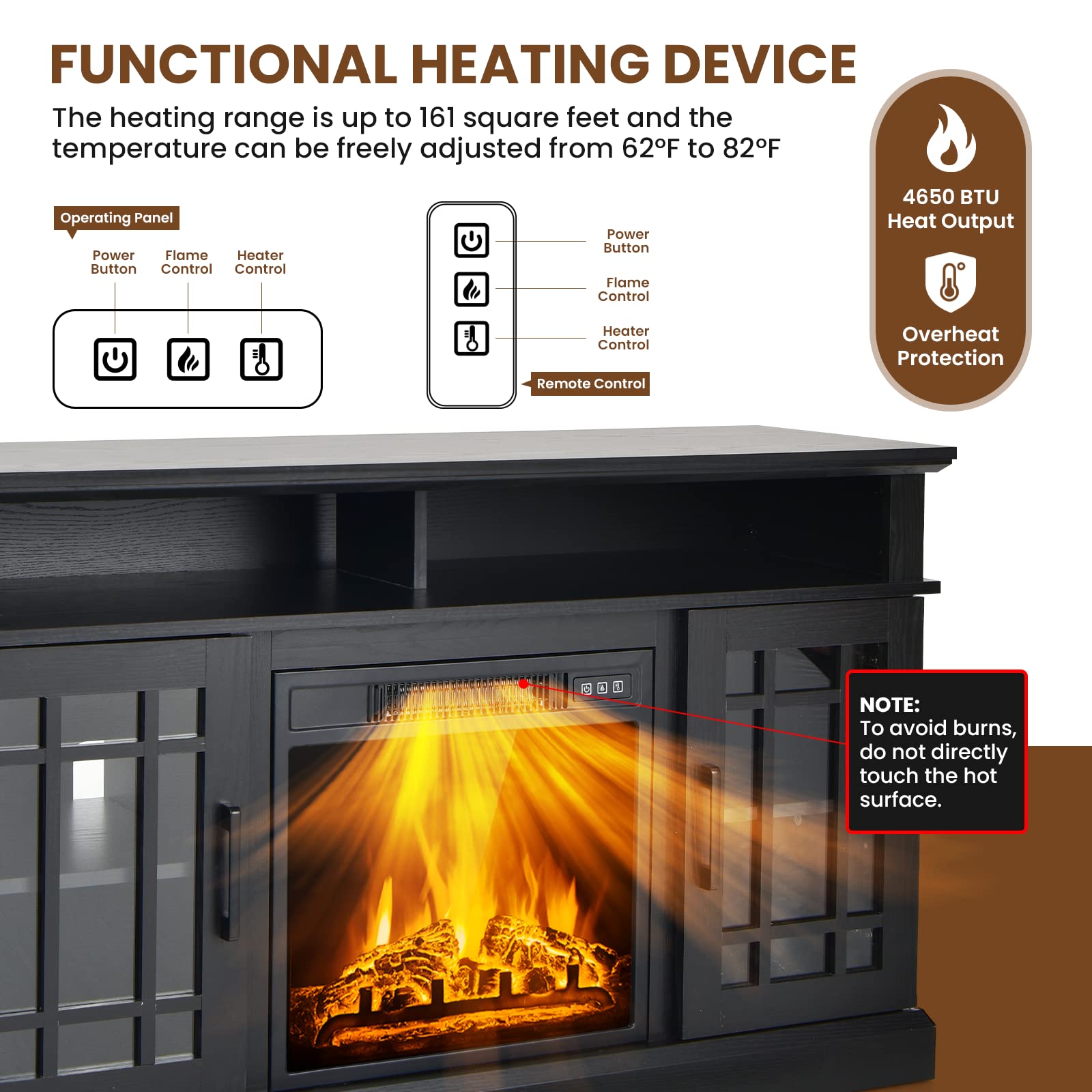 Simoe Modern 48 Inch Electric Fireplace Tv Stand, Tv Console For Tvs With 18 Fireplace Up To 55 Inch With 2 Open Shelves And Cab